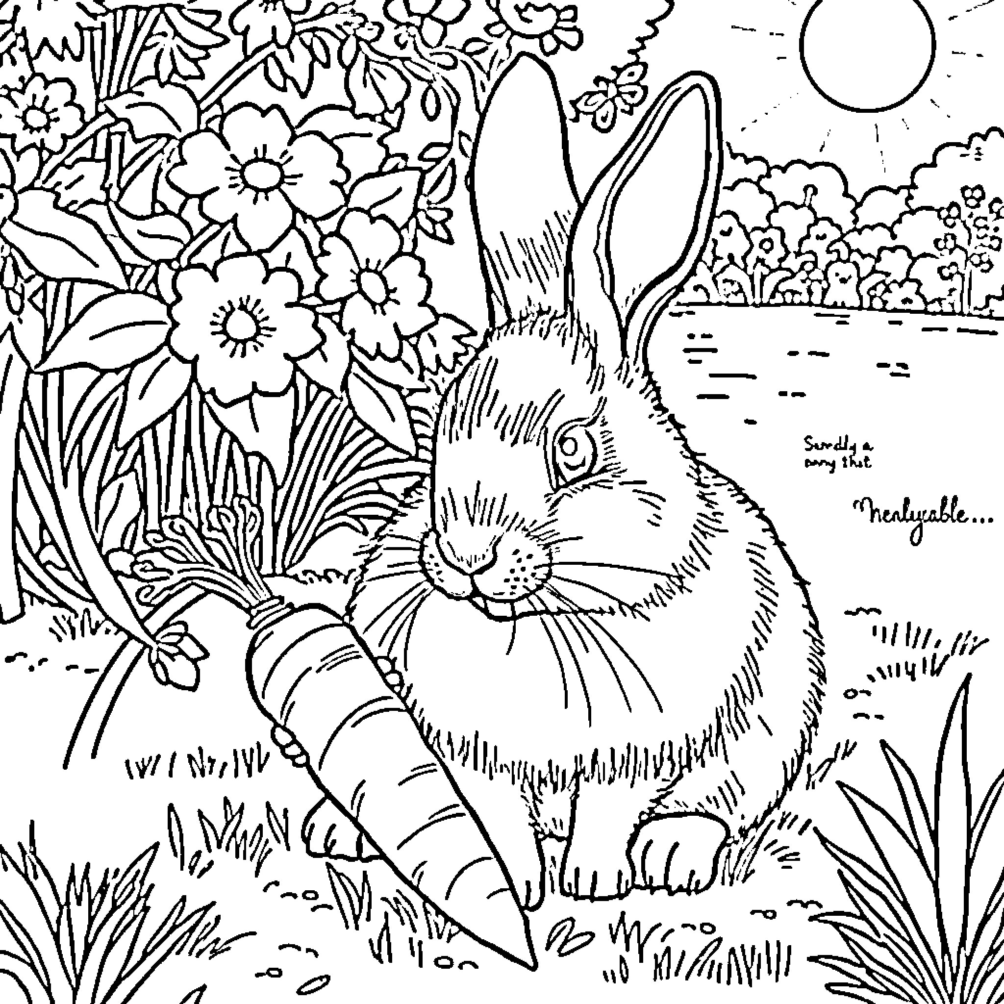 Rabbit hiding in lush garden Coloring Page (free black-and-white line drawing printable PDF for all, from beginners to advanced learners, including children, teens, adults, and seniors)
