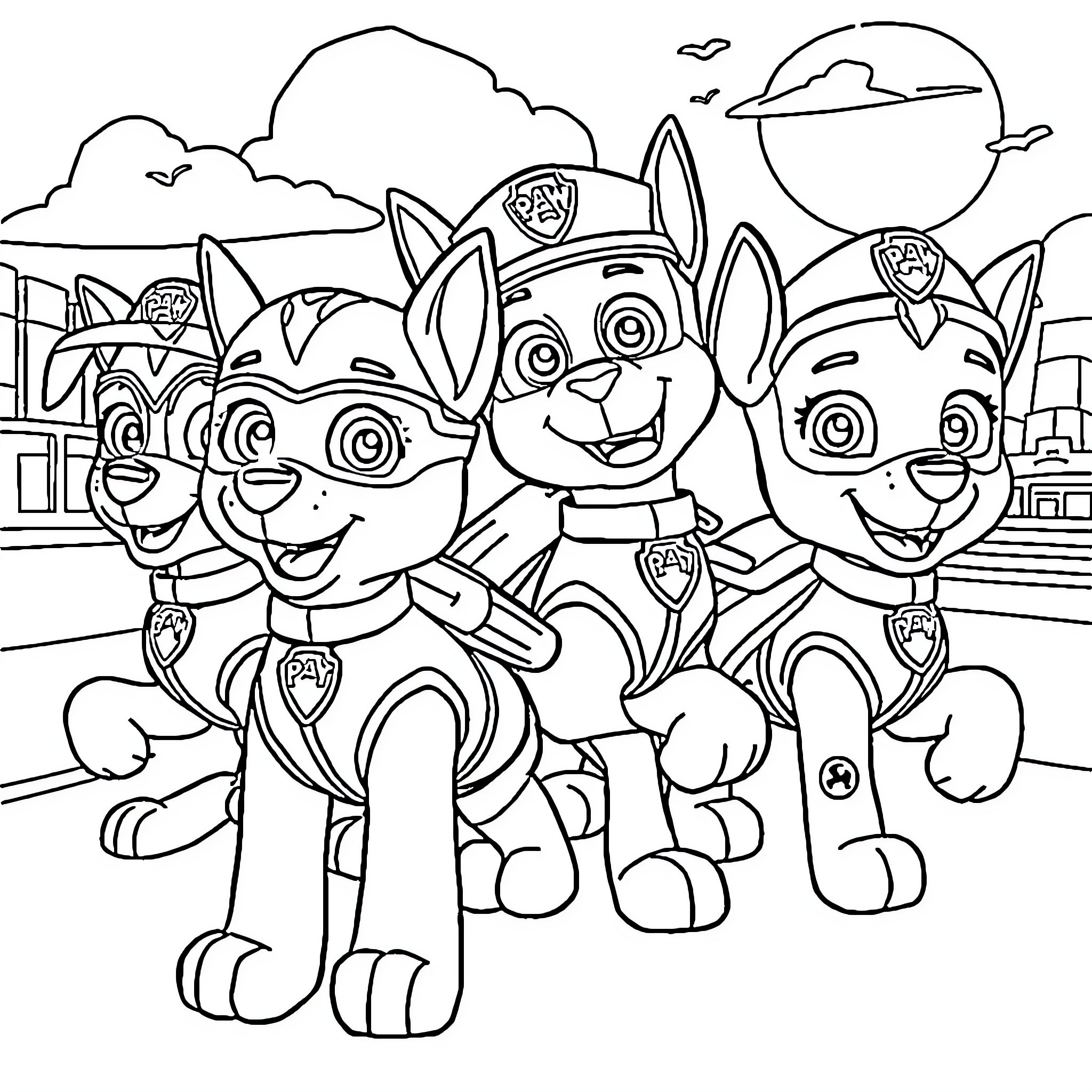 Paw Patrol pups enjoying an adventure outdoors Coloring Page (free black-and-white line drawing printable PDF for all, from beginners to advanced learners, including children, teens, adults, and seniors)