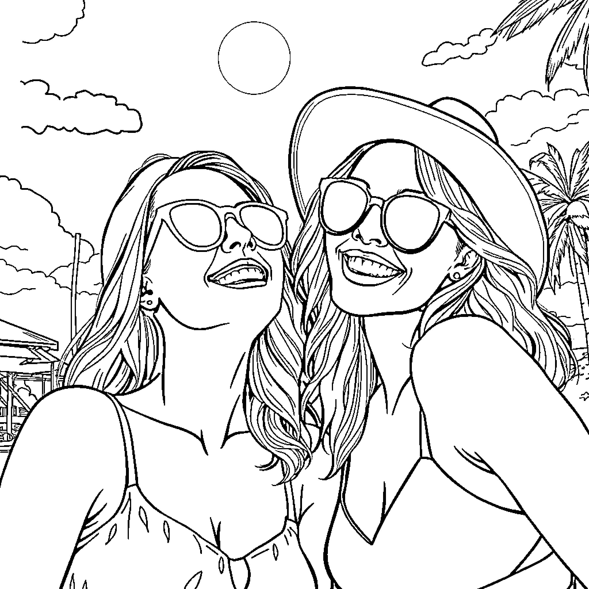 Babe friends enjoy sunny beach day Coloring Page (free black-and-white line drawing printable PDF for all, from beginners to advanced learners, including children, teens, adults, and seniors)