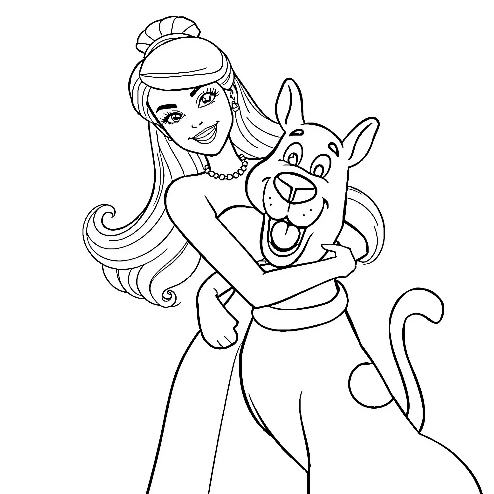 Barbie playing happily with her pet dog Coloring Page (free black-and-white line drawing printable PDF for all, from beginners to advanced learners, including children, teens, adults, and seniors)