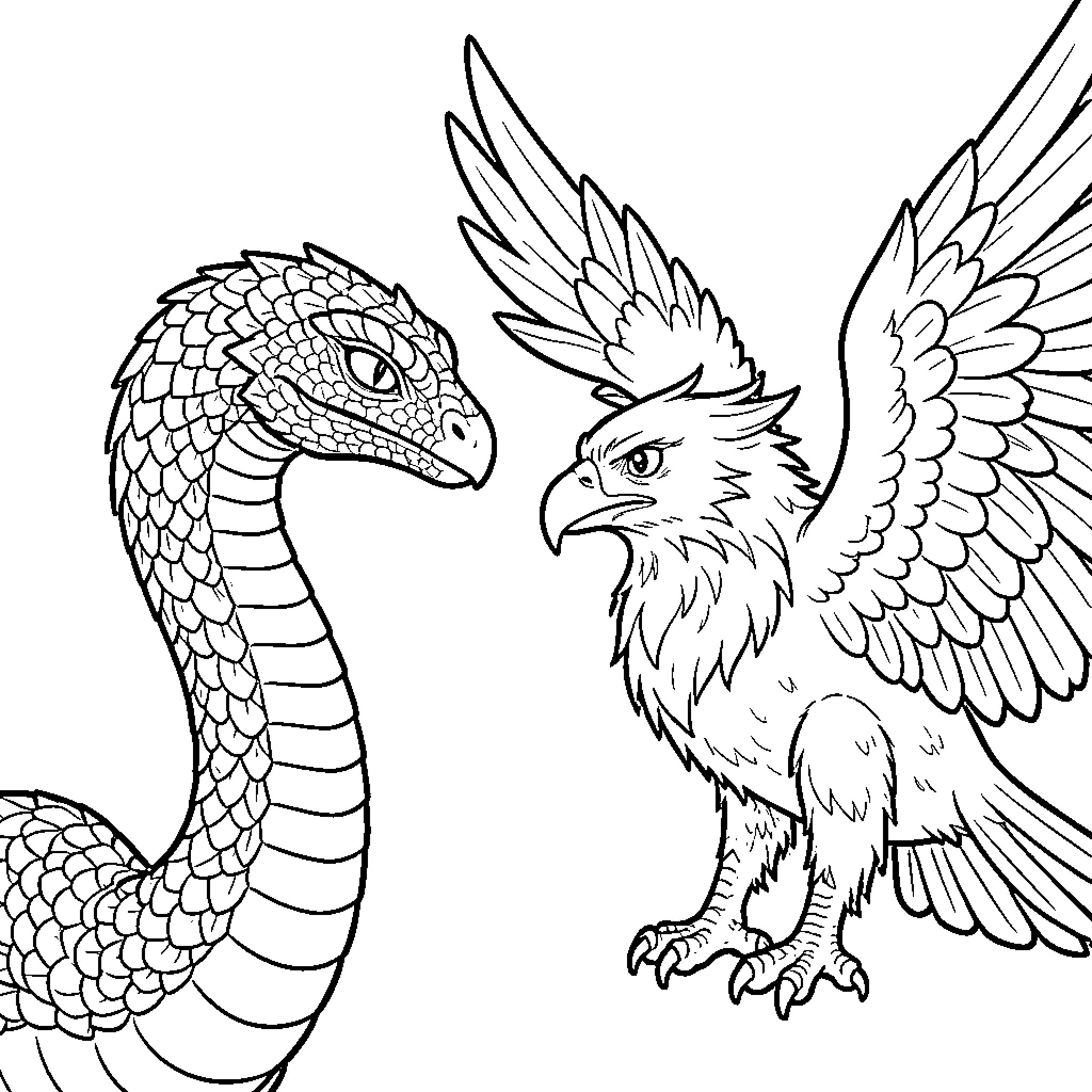 Basilisk and griffin facing each other in a confrontation Coloring Page (free black-and-white line drawing printable PDF for all, from beginners to advanced learners, including children, teens, adults, and seniors)