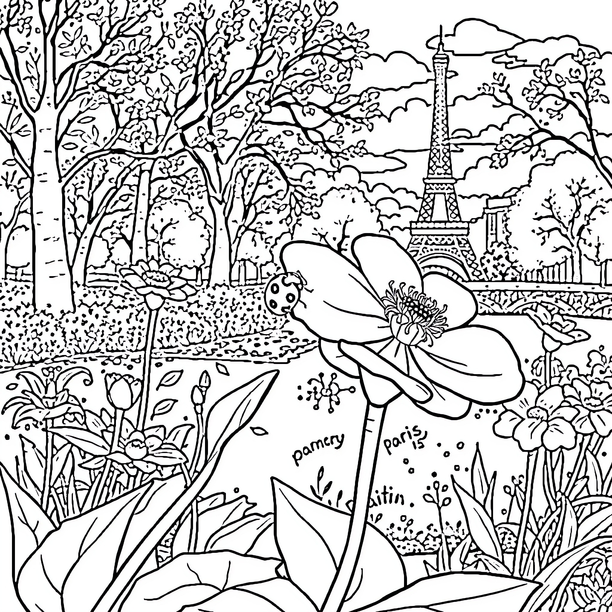 Ladybug exploring the enchanting Parisian garden Coloring Page (free black-and-white line drawing printable PDF for all, from beginners to advanced learners, including children, teens, adults, and seniors)