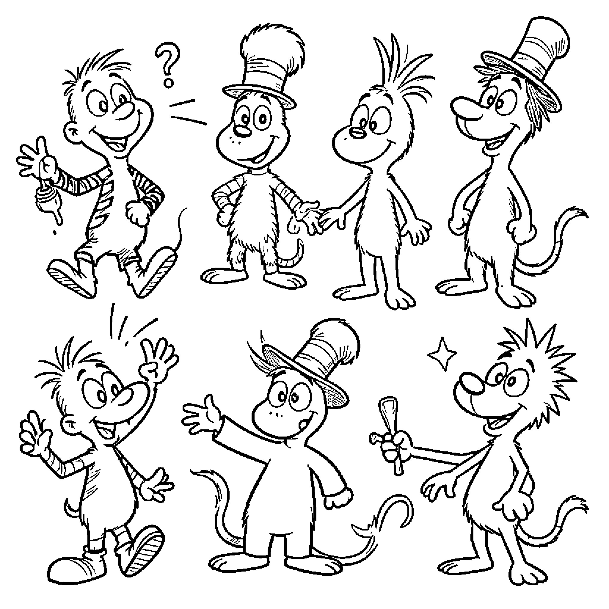 Dr. Seuss characters interacting with various playful expressions Coloring Page (free black-and-white line drawing printable PDF for all, from beginners to advanced learners, including children, teens, adults, and seniors)
