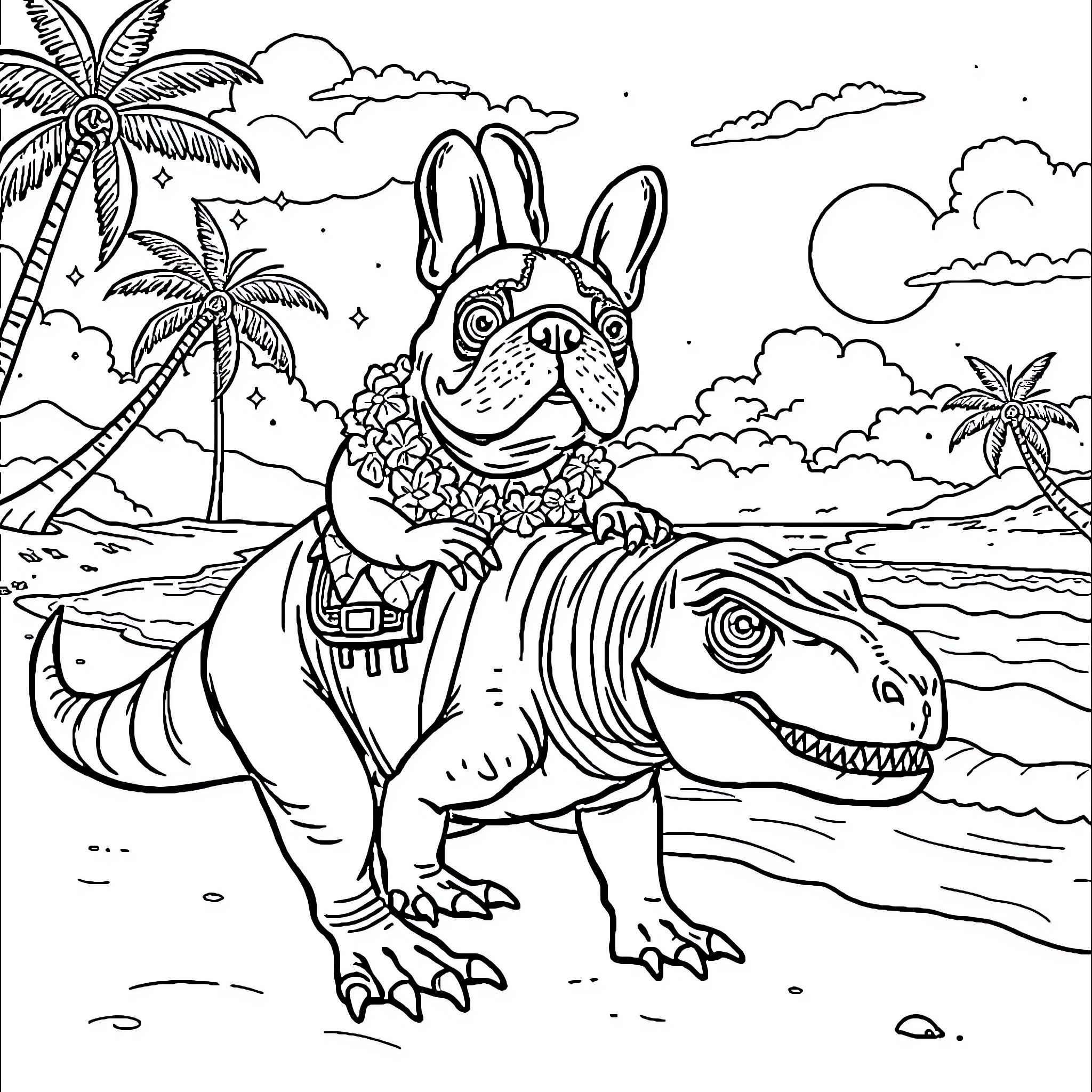 French Bulldog on tropical beach adventure Coloring Page (free black-and-white line drawing printable PDF for all, from beginners to advanced learners, including children, teens, adults, and seniors)