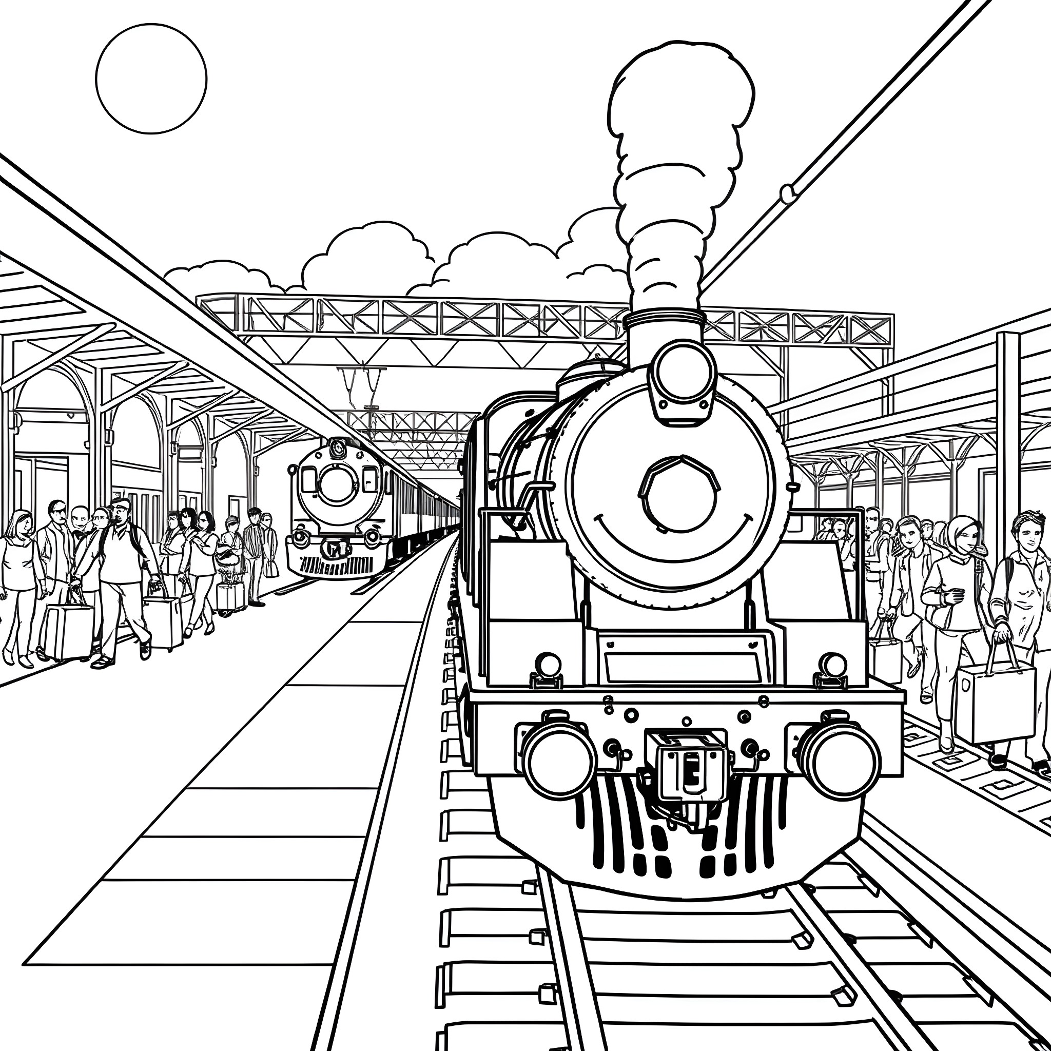 Train Station Bustling with Passengers and Locomotives Coloring Page (free black-and-white line drawing printable PDF for all, from beginners to advanced learners, including children, teens, adults, and seniors)