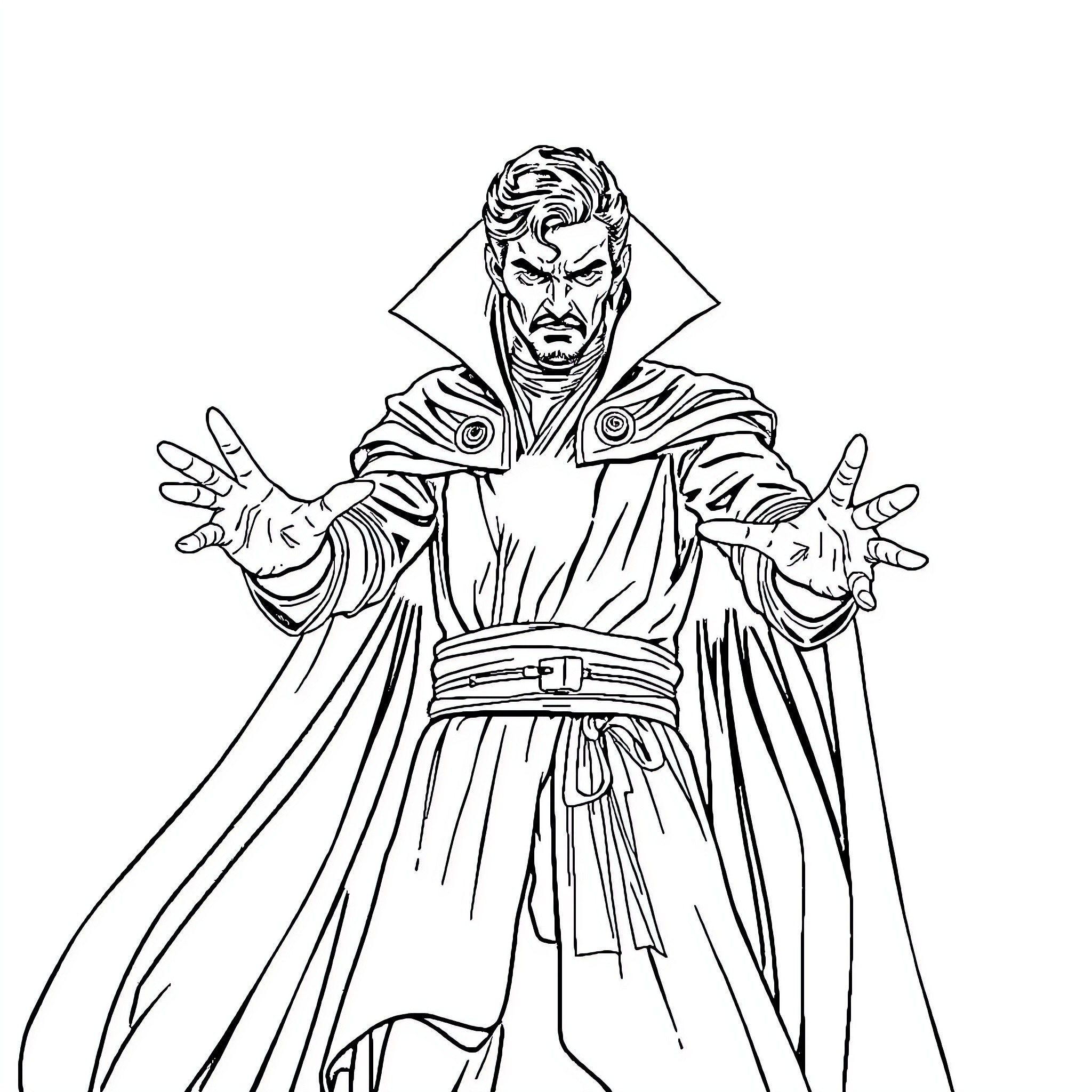 Dr. Strange performing mystical hand gestures Coloring Page (free black-and-white line drawing printable PDF for all, from beginners to advanced learners, including children, teens, adults, and seniors)