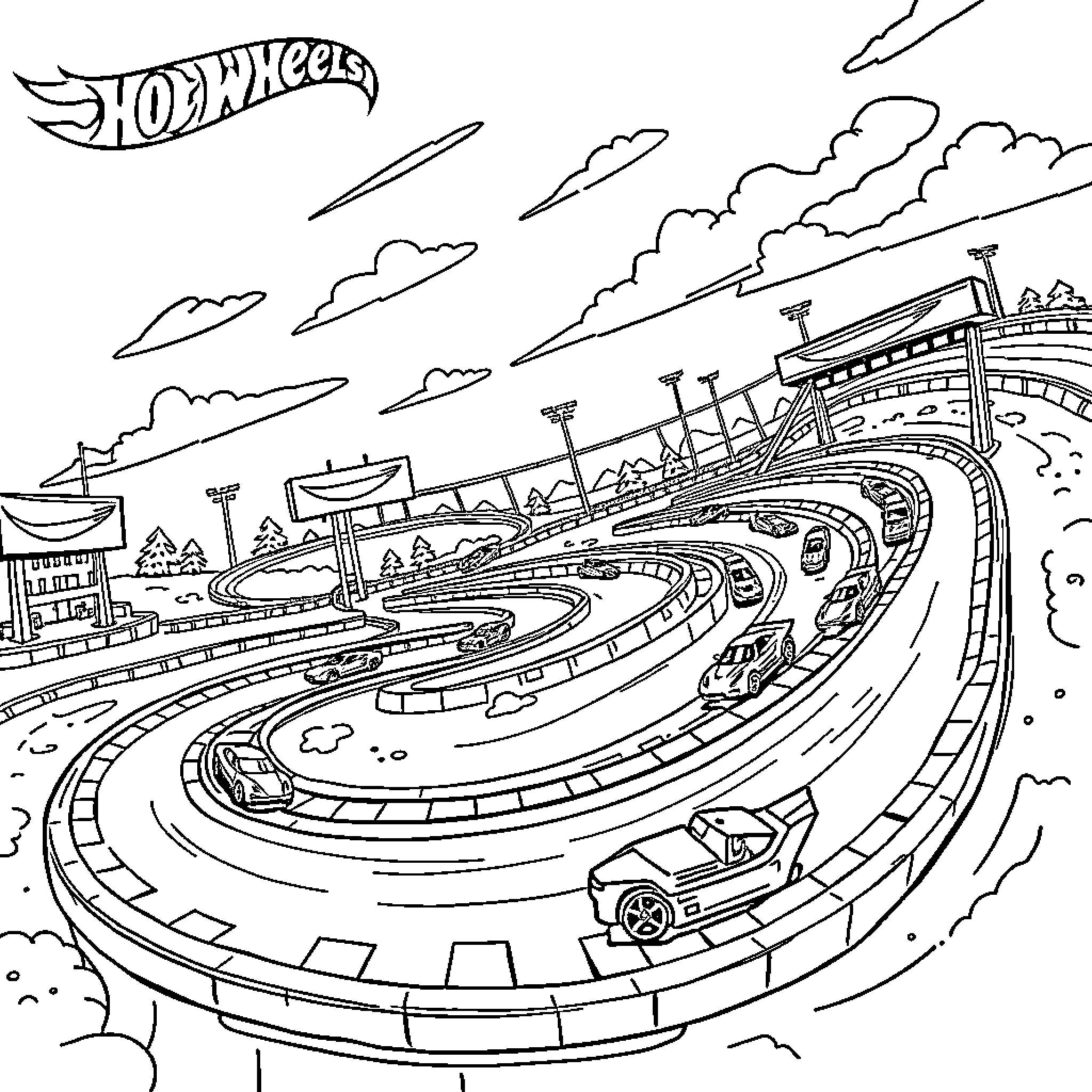 Hot Wheels racing on an adventurous track Coloring Page (free black-and-white line drawing printable PDF for all, from beginners to advanced learners, including children, teens, adults, and seniors)