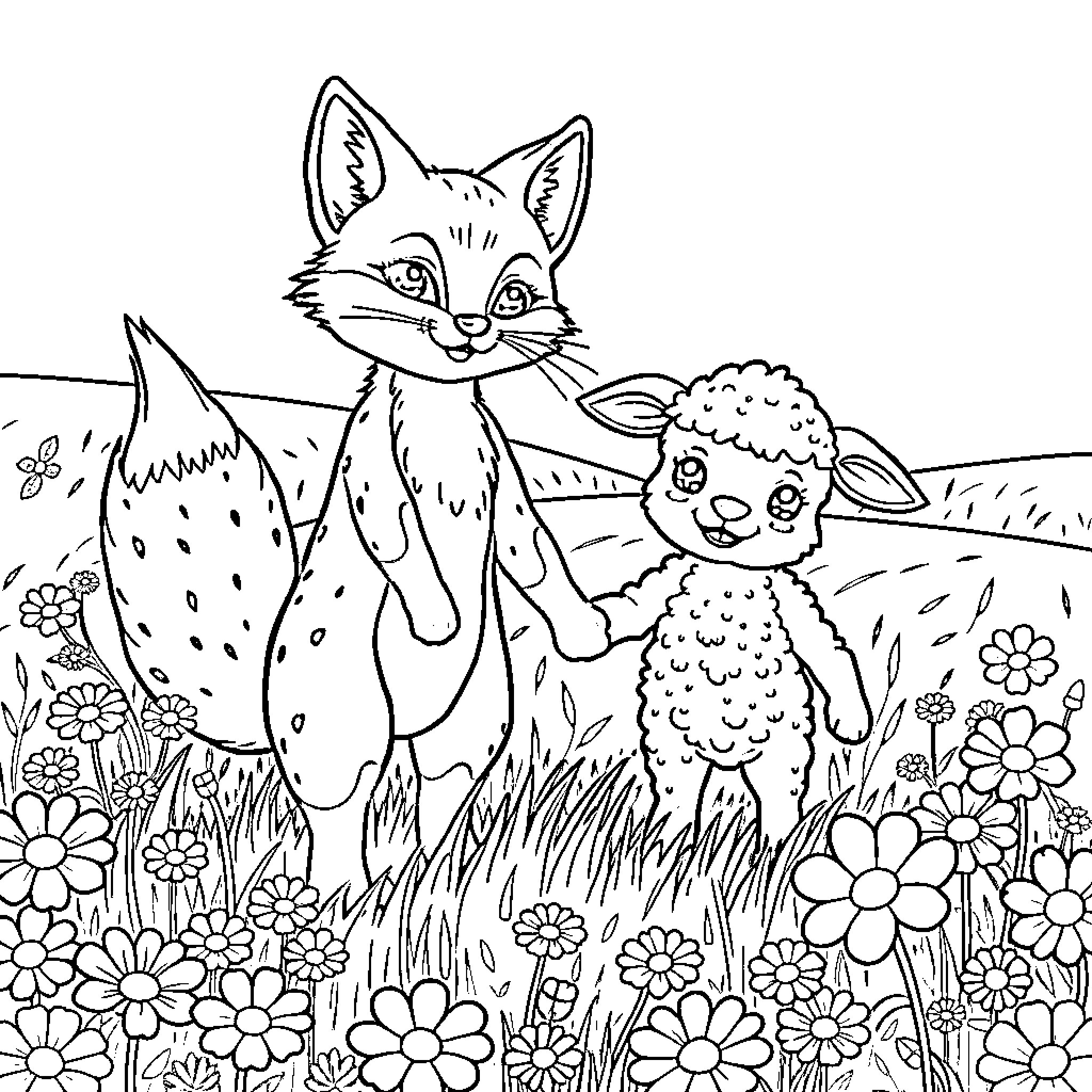 Fox and lamb playing in a flowery meadow Coloring Page (free black-and-white line drawing printable PDF for all, from beginners to advanced learners, including children, teens, adults, and seniors)