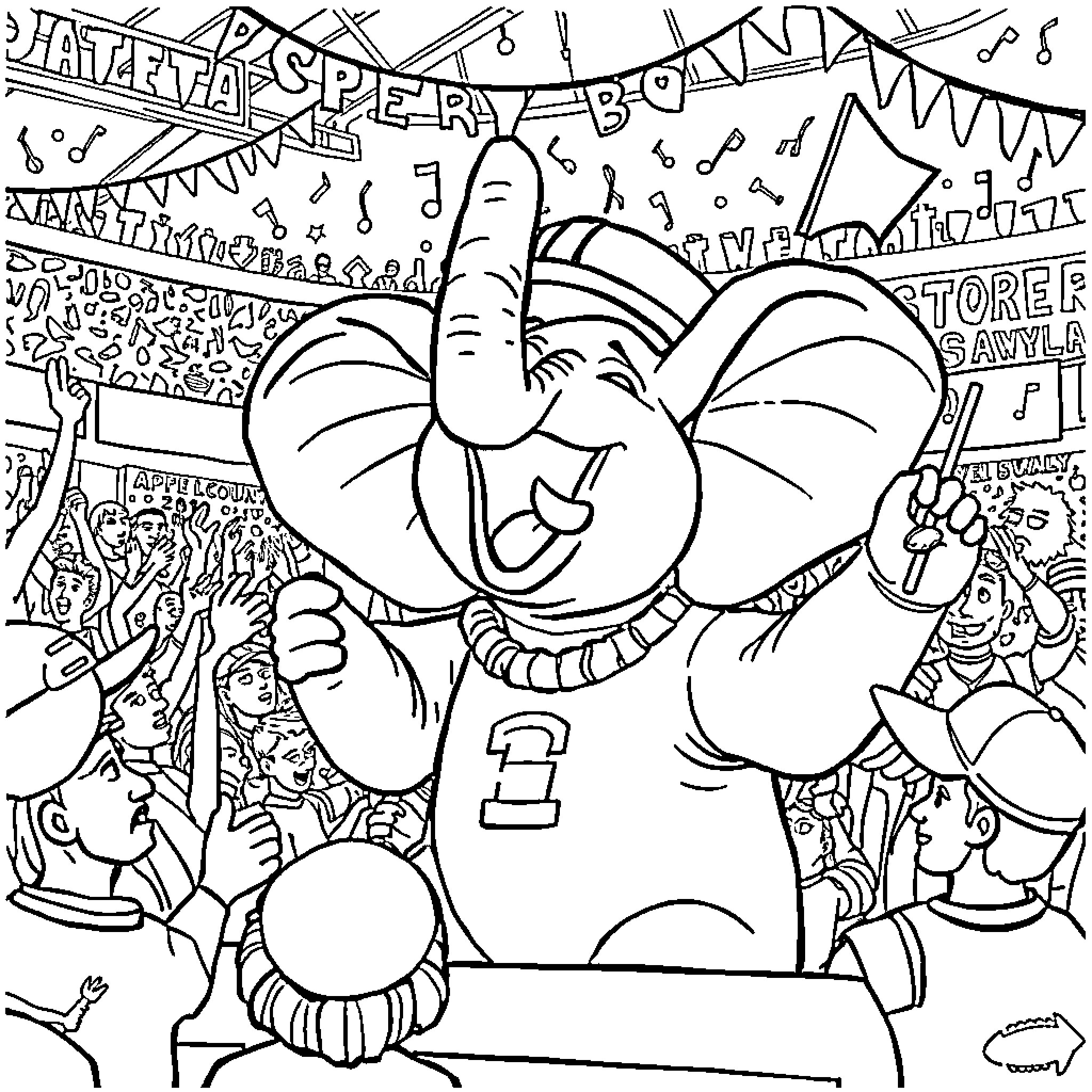 Elephant cheering enthusiastically at a sports event Coloring Page (free black-and-white line drawing printable PDF for all, from beginners to advanced learners, including children, teens, adults, and seniors)