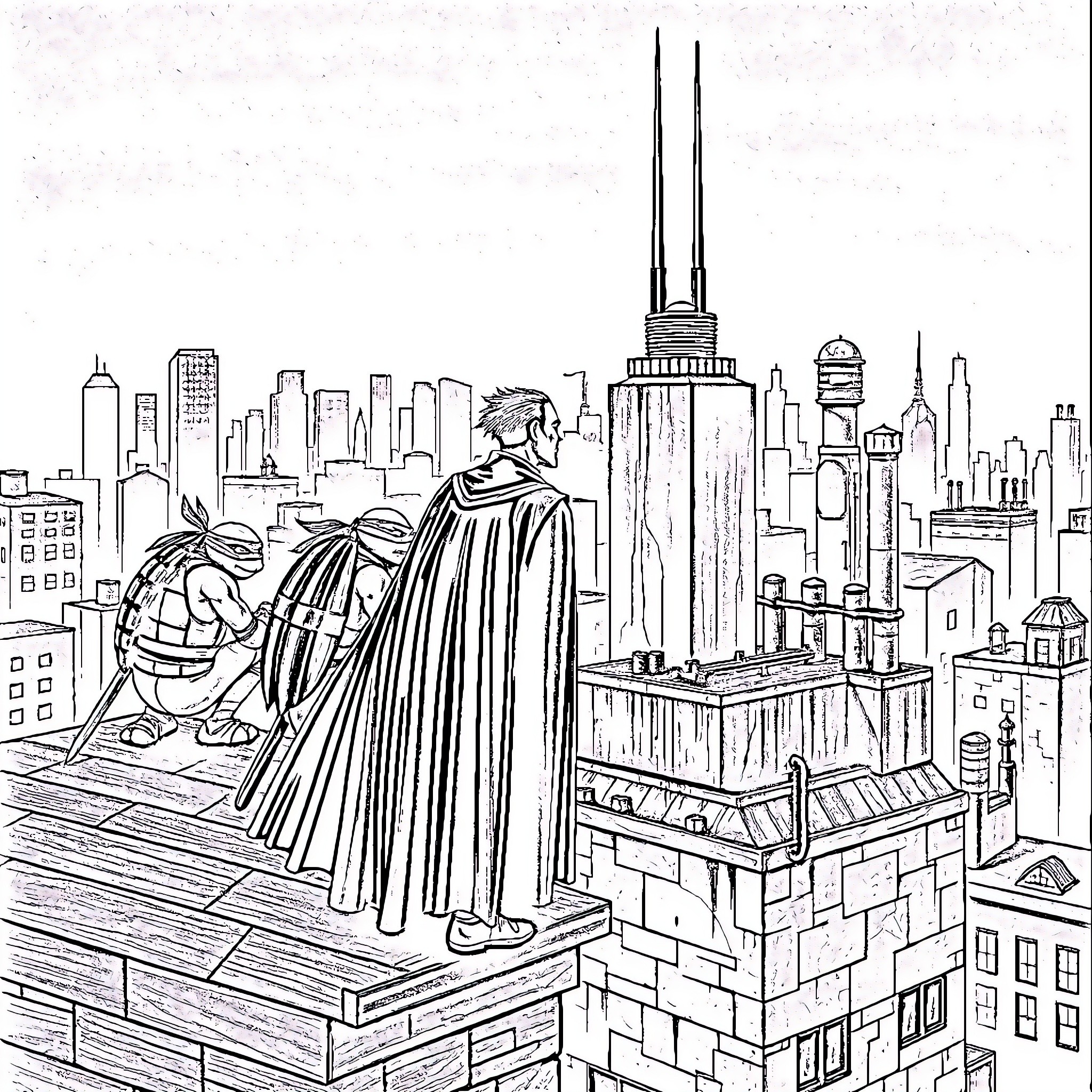 Teenage Mutant Ninja Turtle Superheroes Overlooking City Skyline Coloring Page (free black-and-white line drawing printable PDF for all, from beginners to advanced learners, including children, teens, adults, and seniors)
