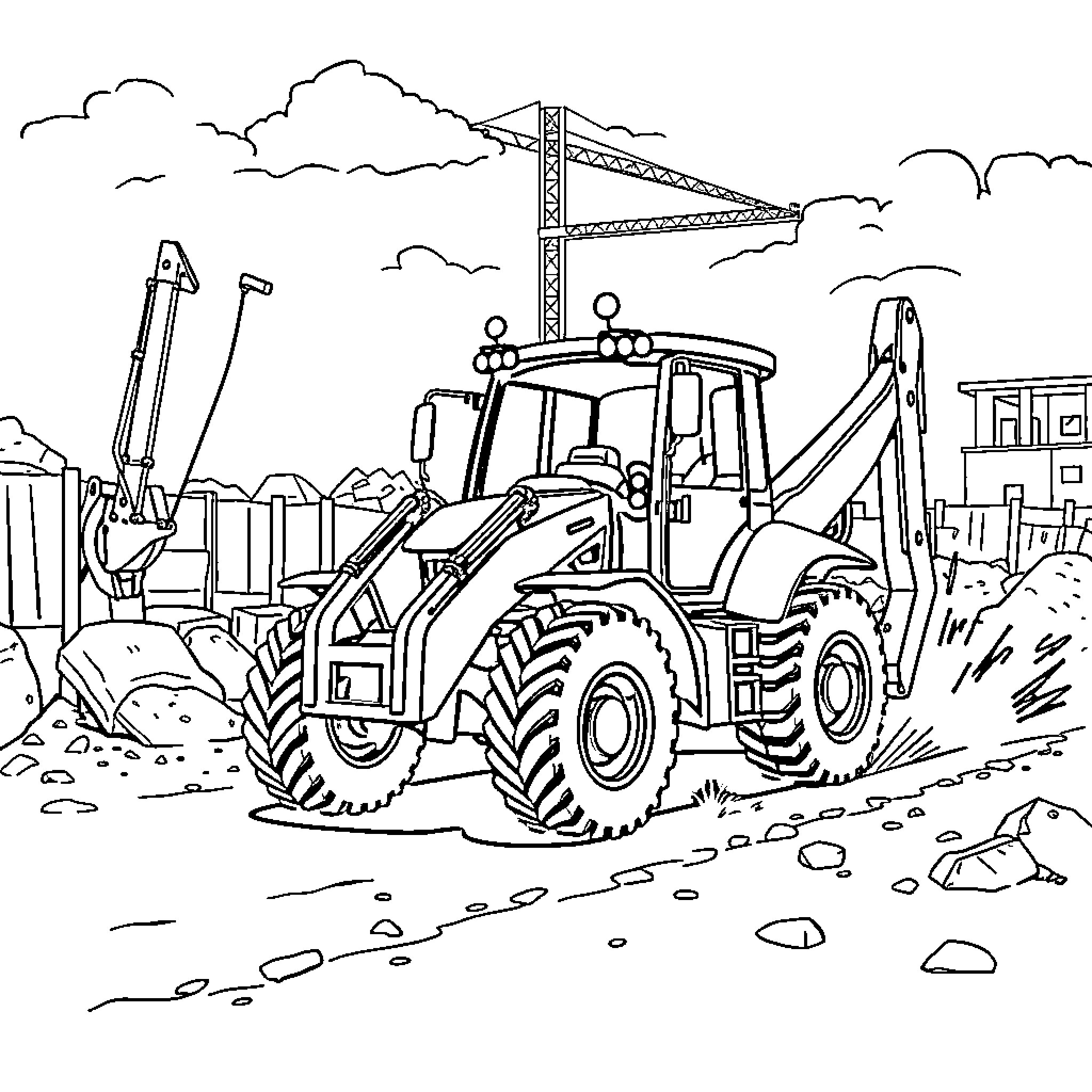 JCB Tractor Operating at Construction Site Coloring Page (free black-and-white line drawing printable PDF for all, from beginners to advanced learners, including children, teens, adults, and seniors)