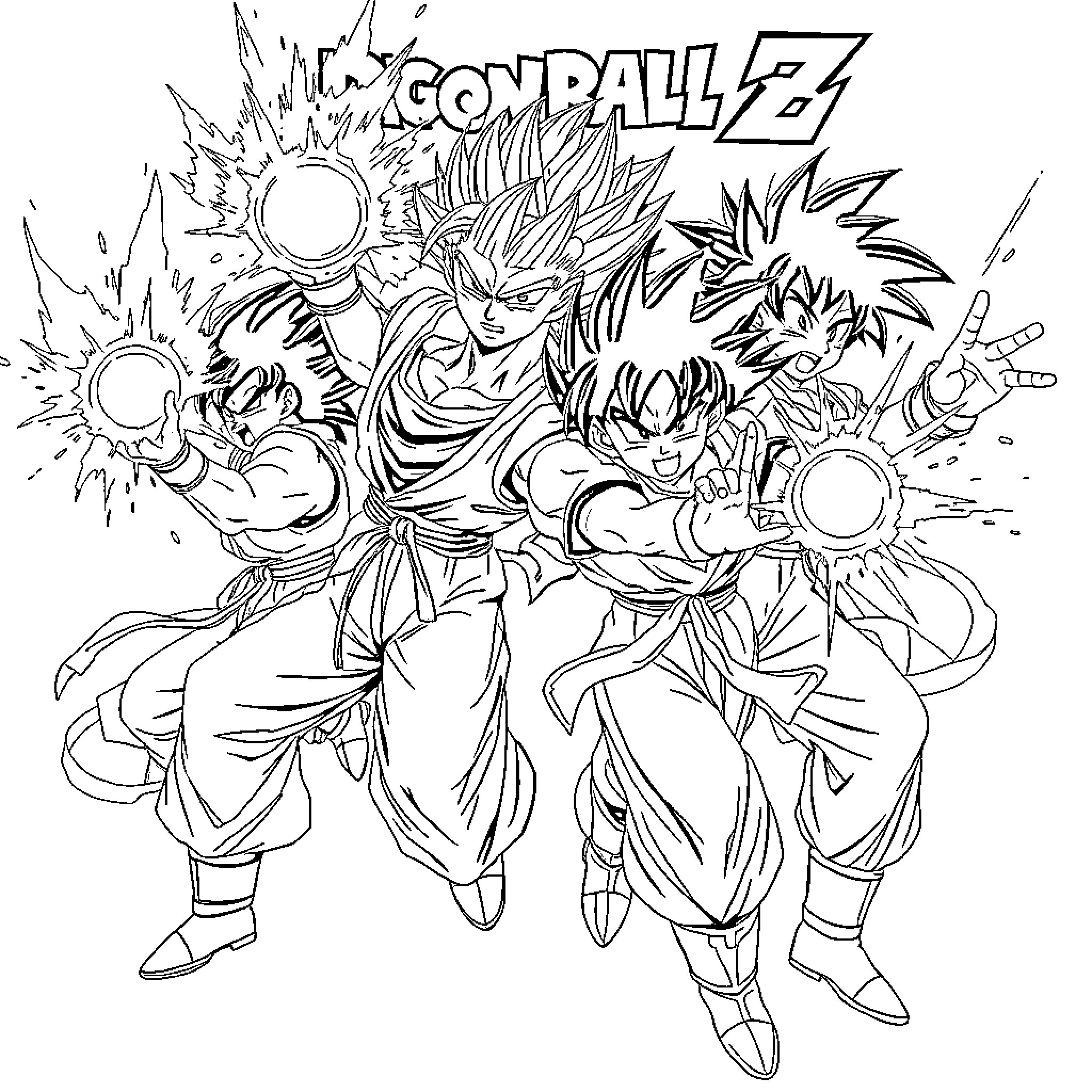 Dragonball Z characters in battle poses Coloring Page (free black-and-white line drawing printable PDF for all, from beginners to advanced learners, including children, teens, adults, and seniors)