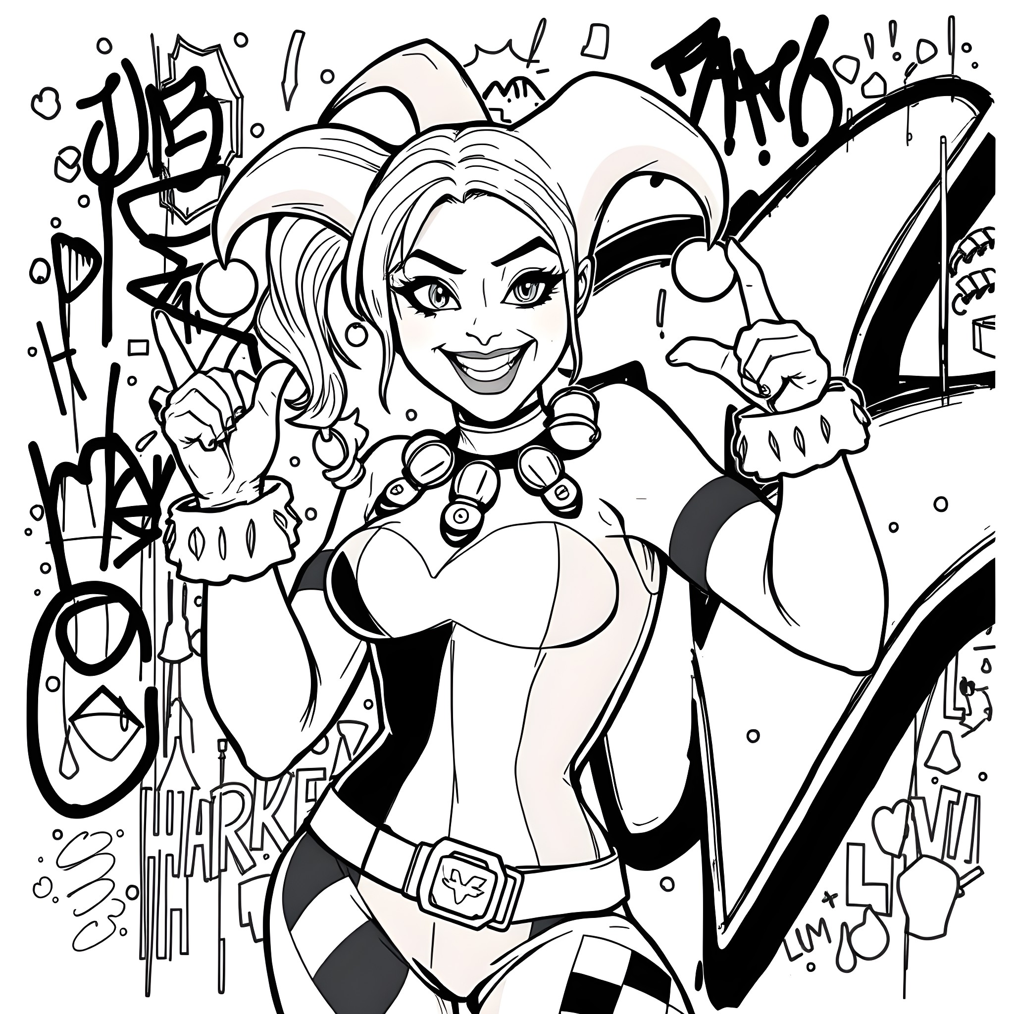 Harley Quinn's Chaotic Adventure Coloring Page (free black-and-white line drawing printable PDF for all, from beginners to advanced learners, including children, teens, adults, and seniors)