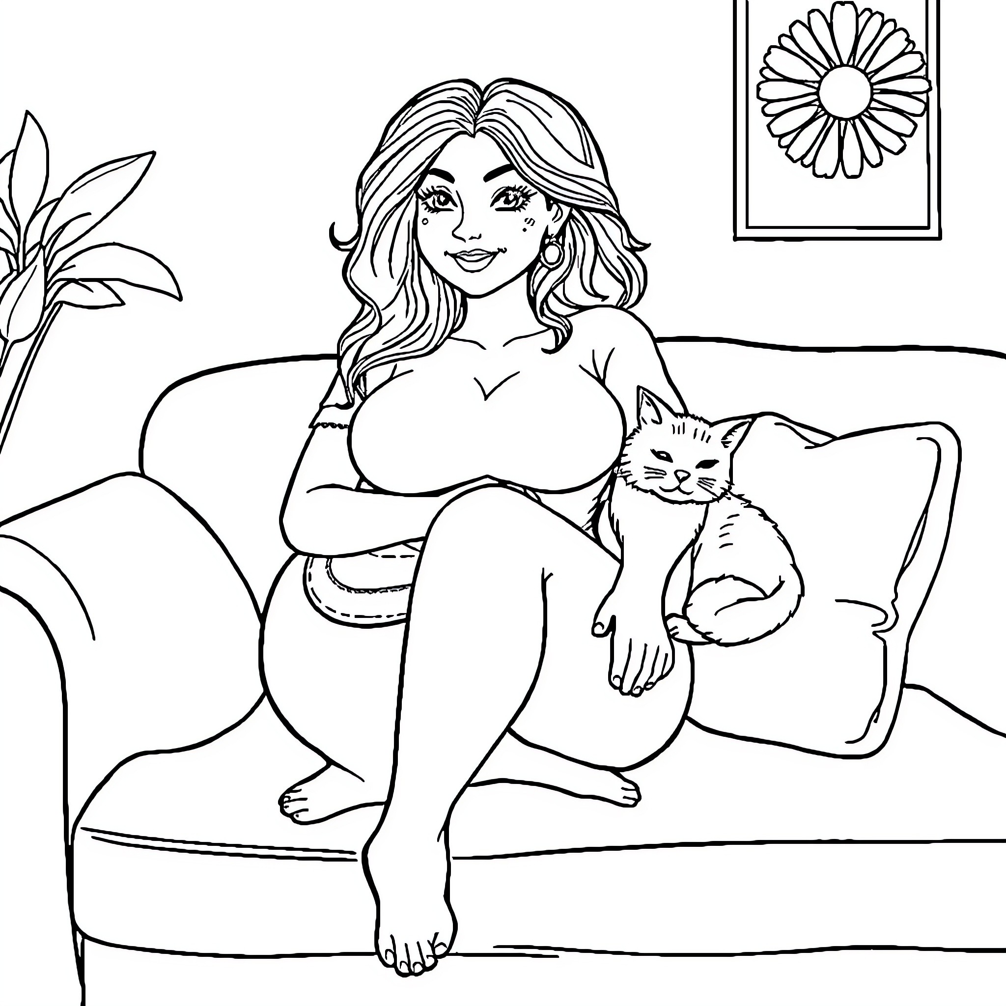 Girl relaxing with her pet cat on the couch Coloring Page (free black-and-white line drawing printable PDF for all, from beginners to advanced learners, including children, teens, adults, and seniors)