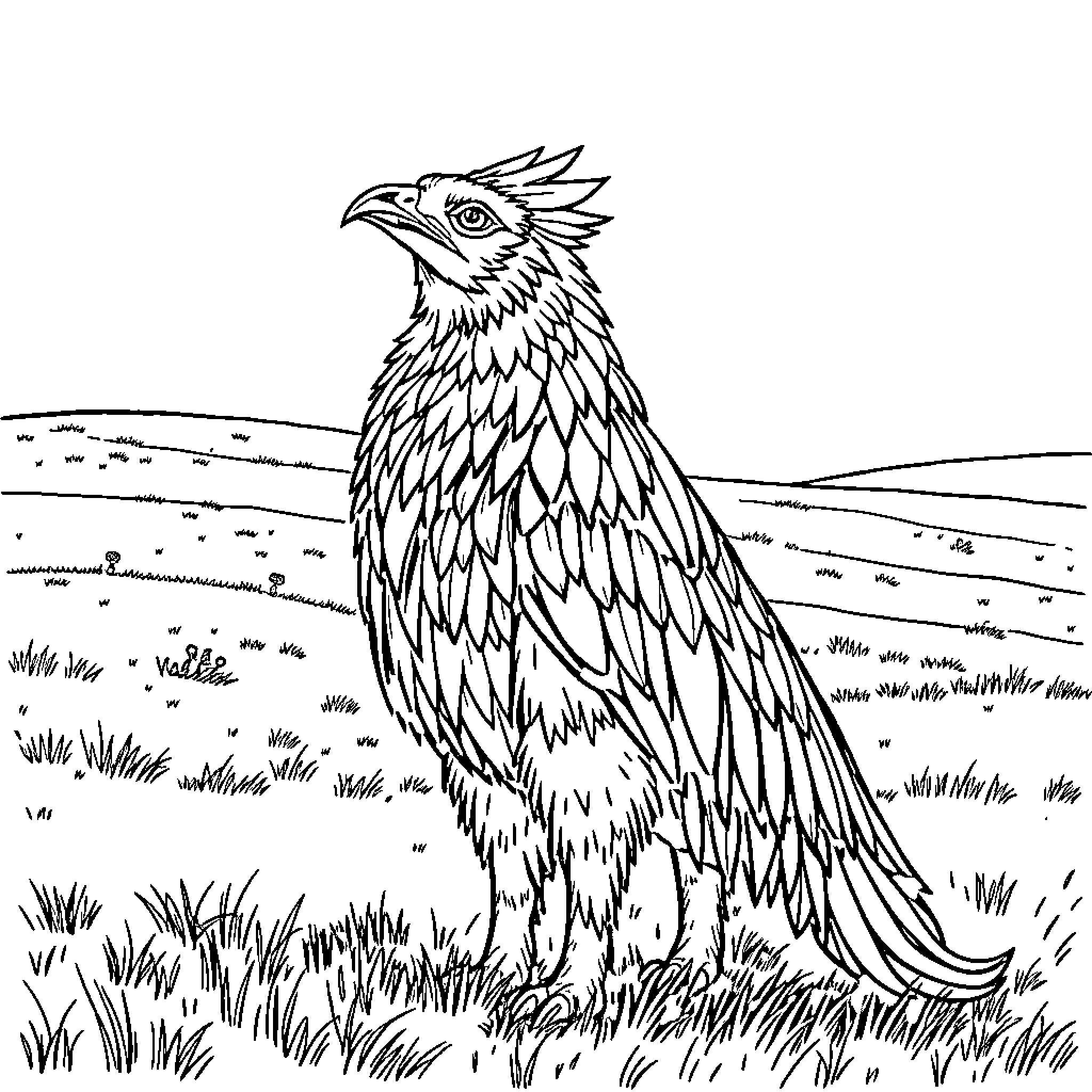 Goldorak in a Magnificent Landscape Coloring Page (free black-and-white line drawing printable PDF for all, from beginners to advanced learners, including children, teens, adults, and seniors)