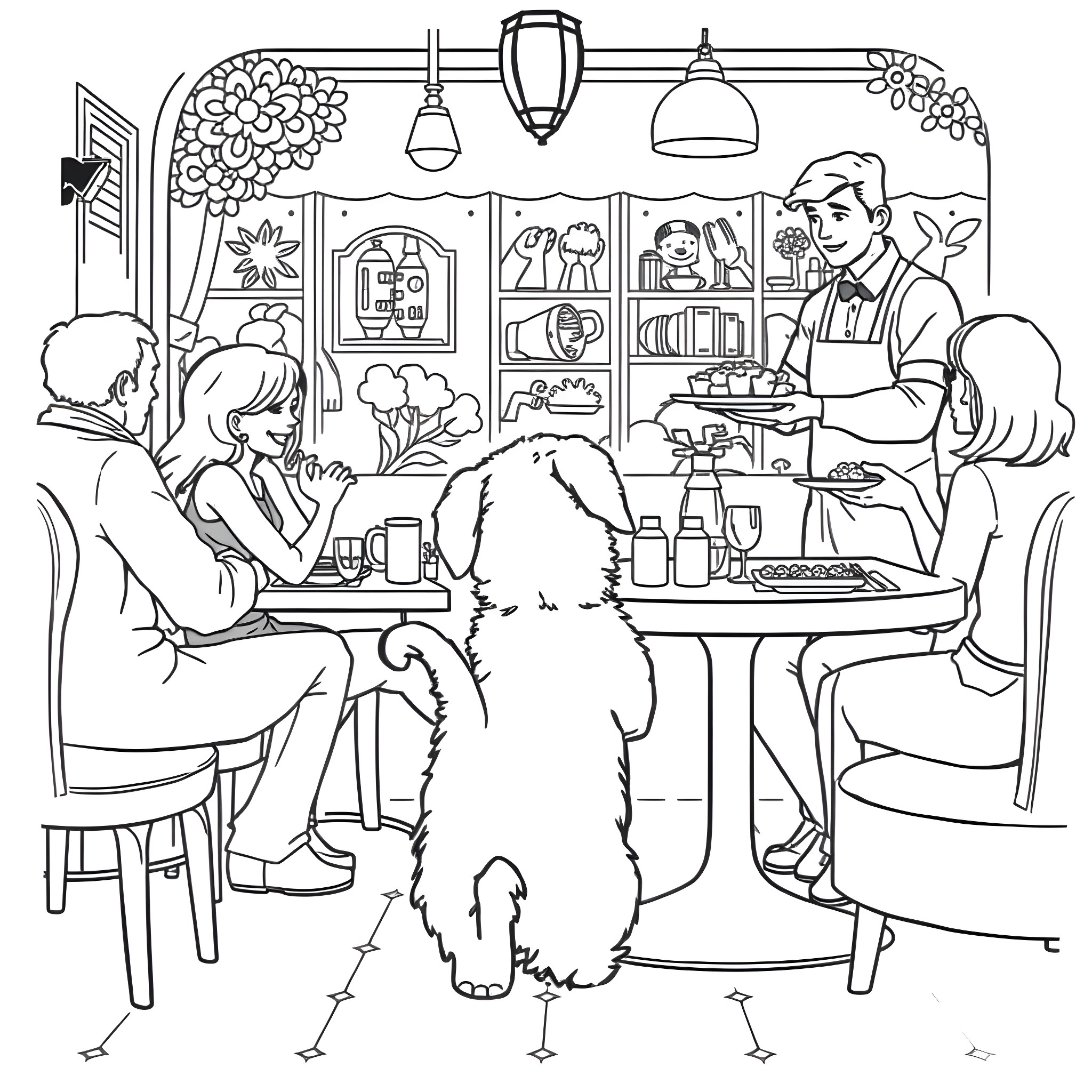 Puppy enjoying a cozy cafe with its owners Coloring Page (free black-and-white line drawing printable PDF for all, from beginners to advanced learners, including children, teens, adults, and seniors)