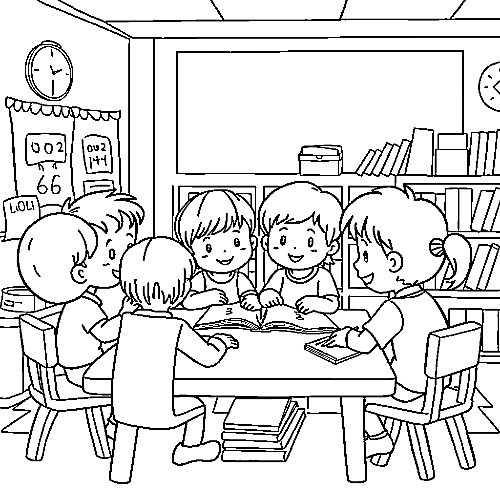 Child students studying together in a classroom Coloring Page (free black-and-white line drawing printable PDF for all, from beginners to advanced learners, including children, teens, adults, and seniors)
