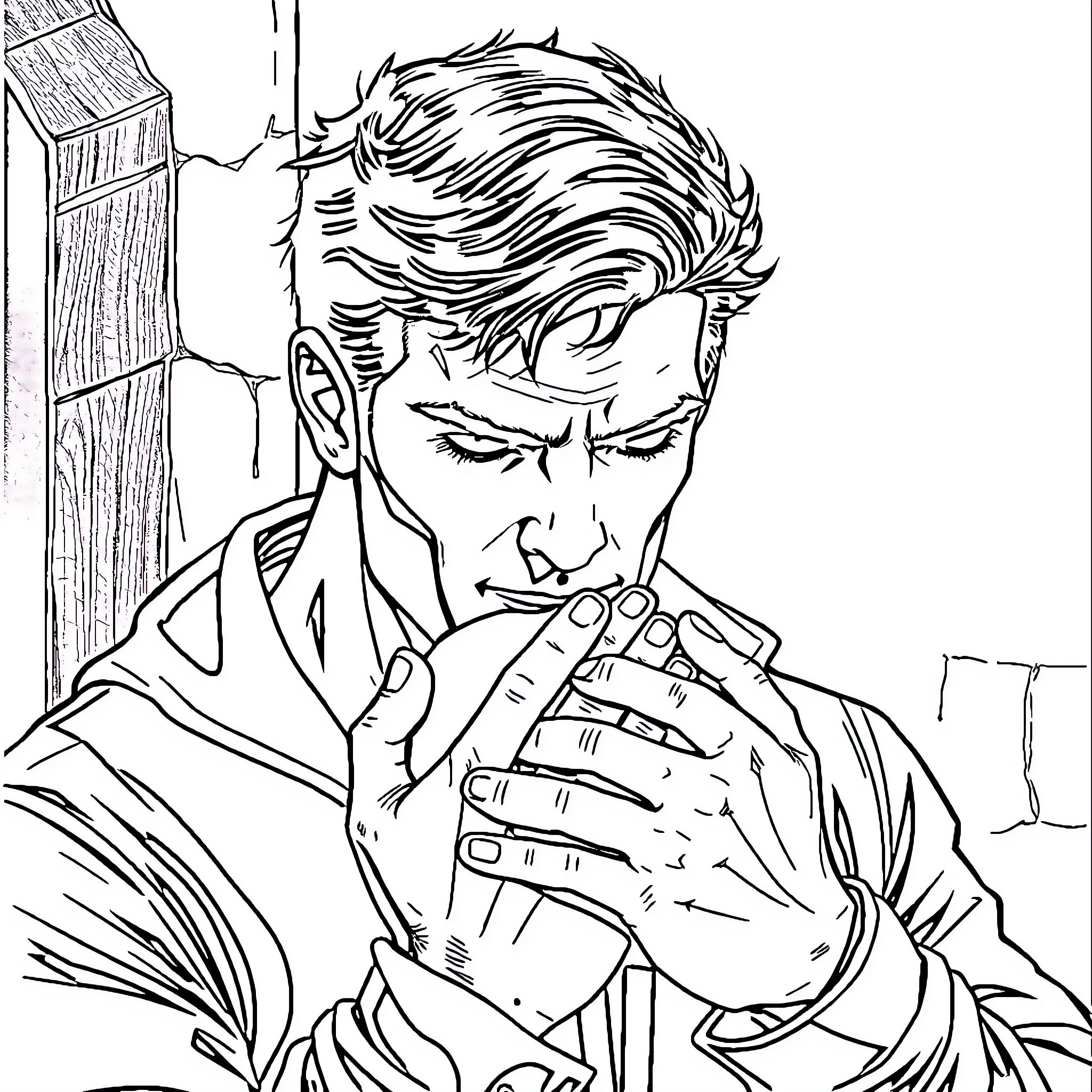Jason contemplating with hands on face Coloring Page (free black-and-white line drawing printable PDF for all, from beginners to advanced learners, including children, teens, adults, and seniors)
