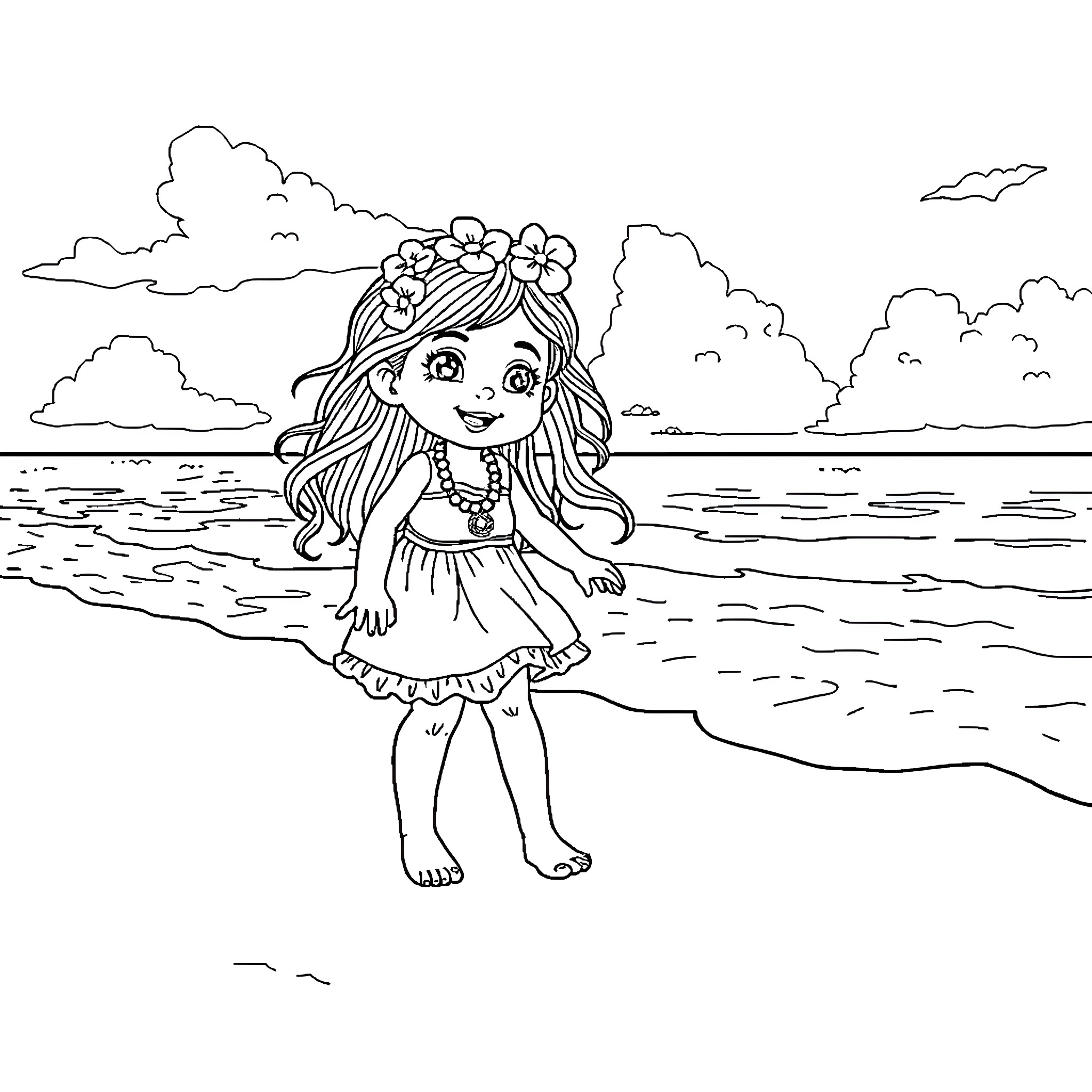Girl exploring the beach with a flower crown Coloring Page (free black-and-white line drawing printable PDF for all, from beginners to advanced learners, including children, teens, adults, and seniors)