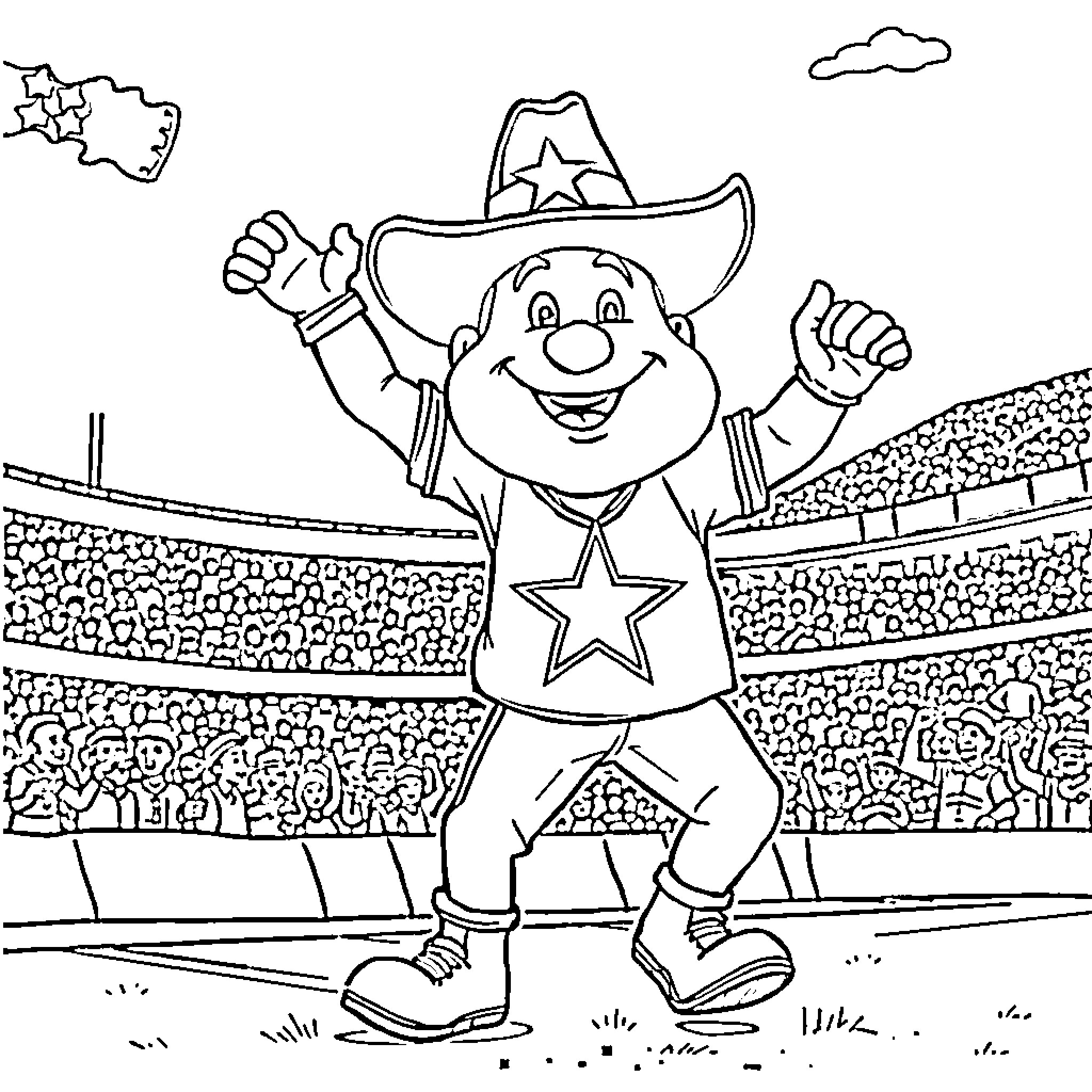 Dallas Cowboys Mascot celebrating excitedly on the field Coloring Page (free black-and-white line drawing printable PDF for all, from beginners to advanced learners, including children, teens, adults, and seniors)