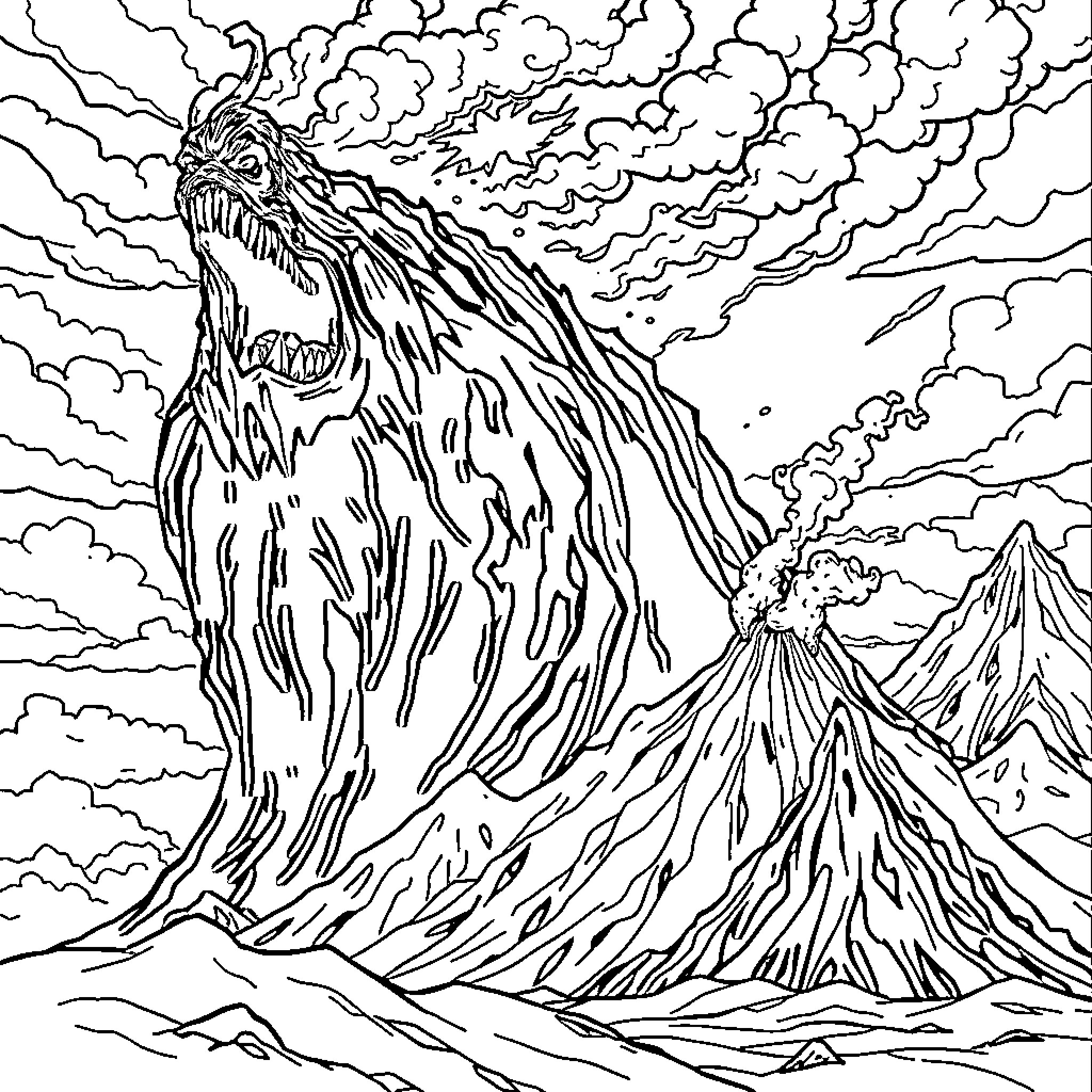 Monster unleashes its fury in the stormy mountains Coloring Page (free black-and-white line drawing printable PDF for all, from beginners to advanced learners, including children, teens, adults, and seniors)