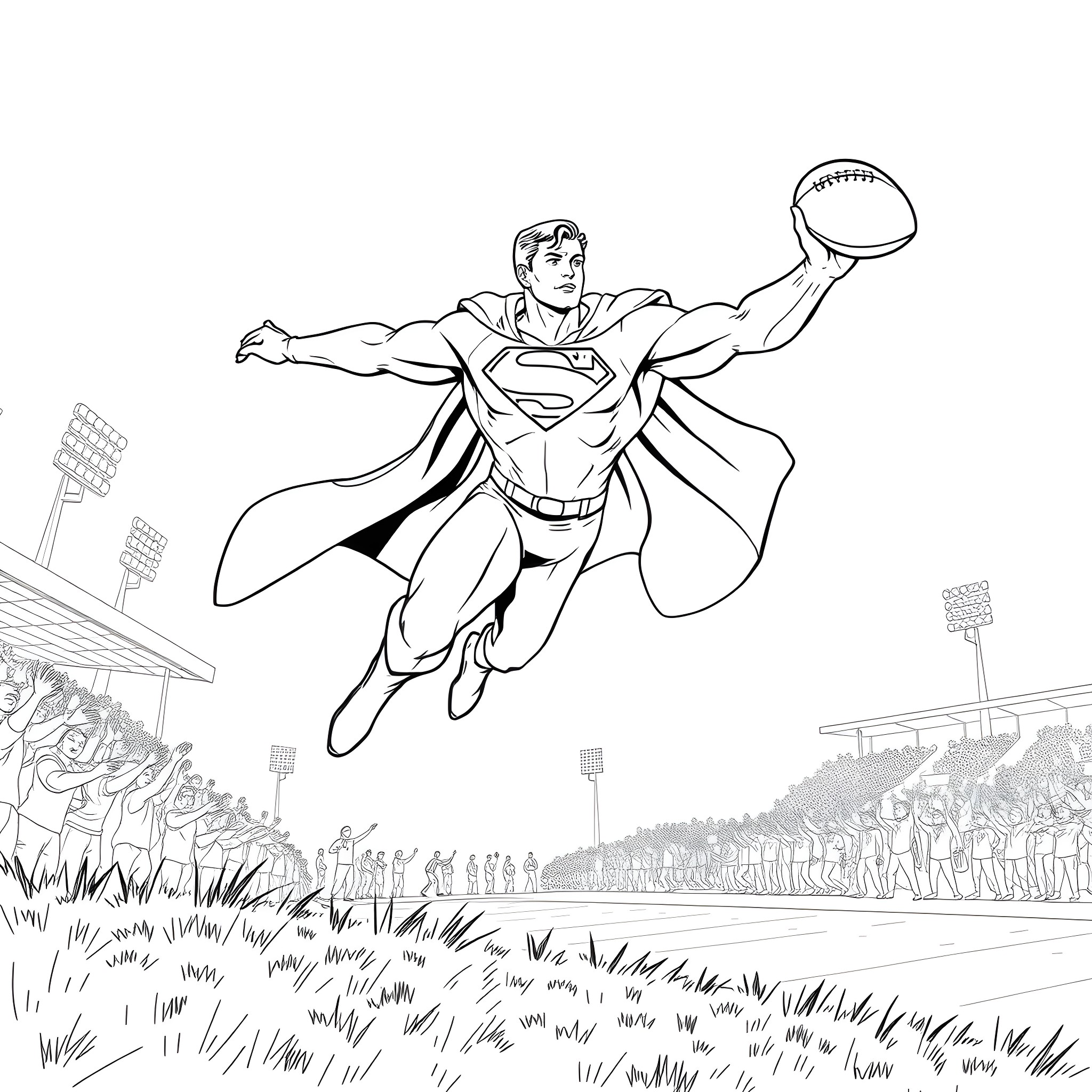 Superman soaring with a football in the stadium Coloring Page (free black-and-white line drawing printable PDF for all, from beginners to advanced learners, including children, teens, adults, and seniors)