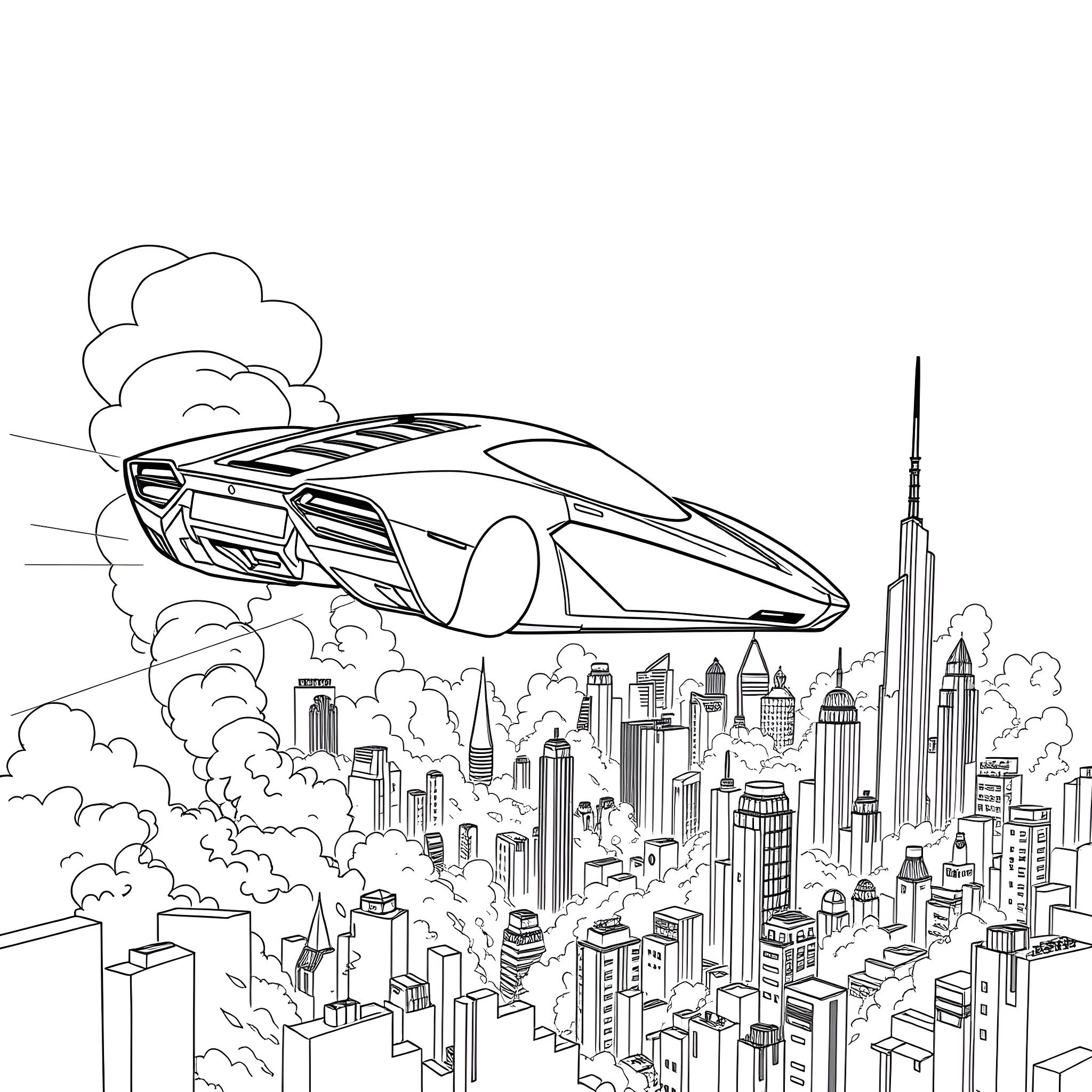Flying Car Soaring Over Futuristic City Skyline Coloring Page (free black-and-white line drawing printable PDF for all, from beginners to advanced learners, including children, teens, adults, and seniors)