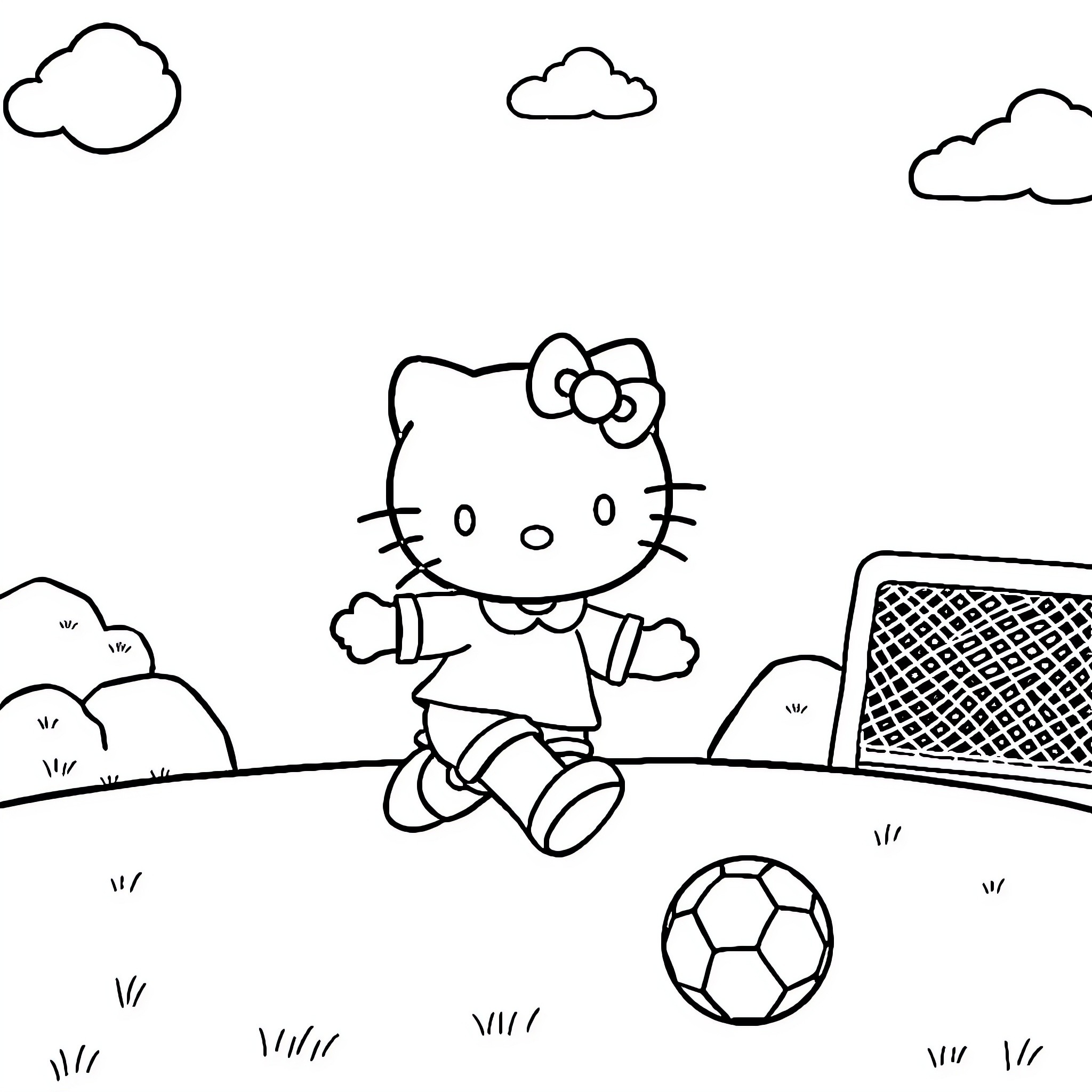 Hello Kitty playing soccer in the park Coloring Page (free black-and-white line drawing printable PDF for all, from beginners to advanced learners, including children, teens, adults, and seniors)