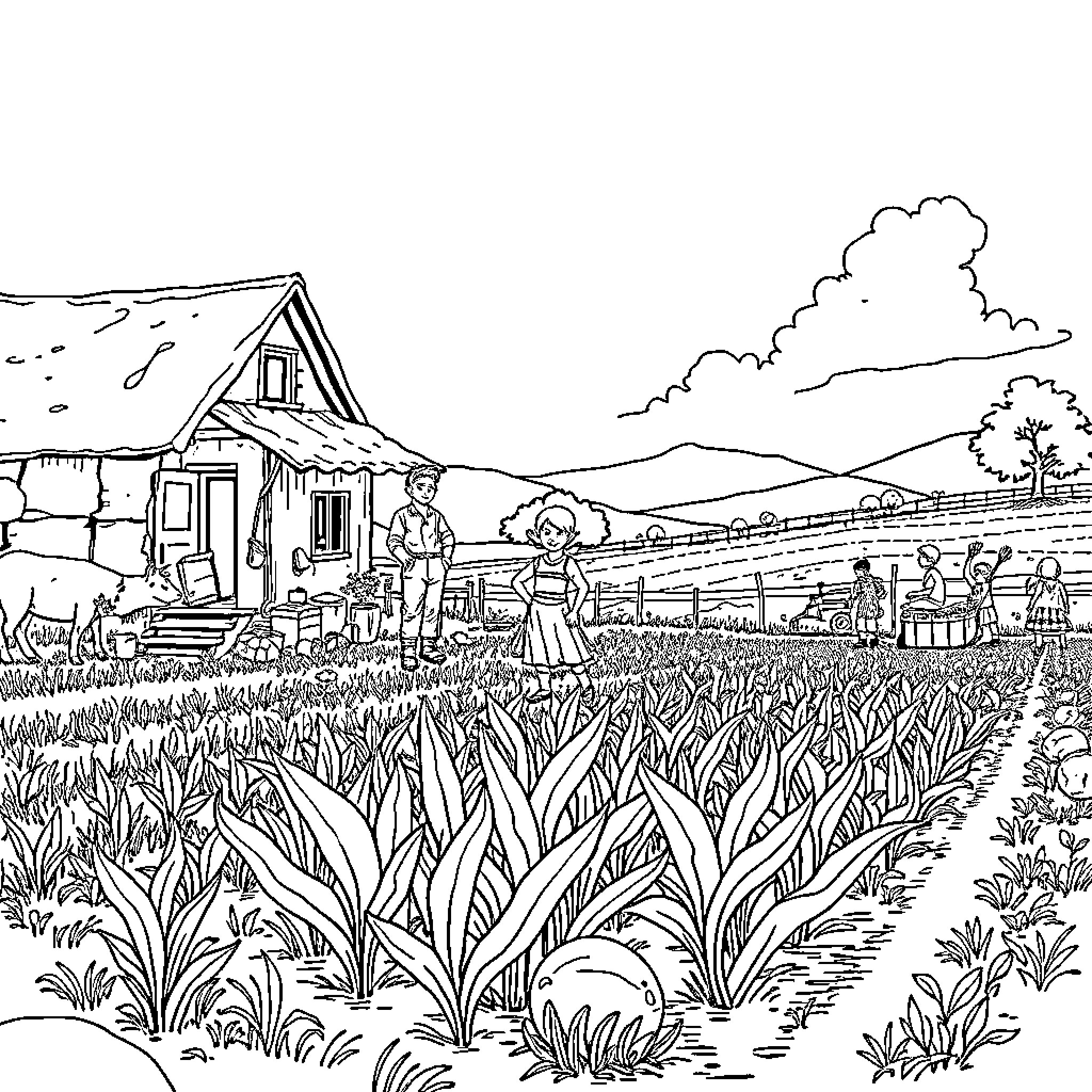 Drop into the Countryside Farmstead Coloring Page (free black-and-white line drawing printable PDF for all, from beginners to advanced learners, including children, teens, adults, and seniors)
