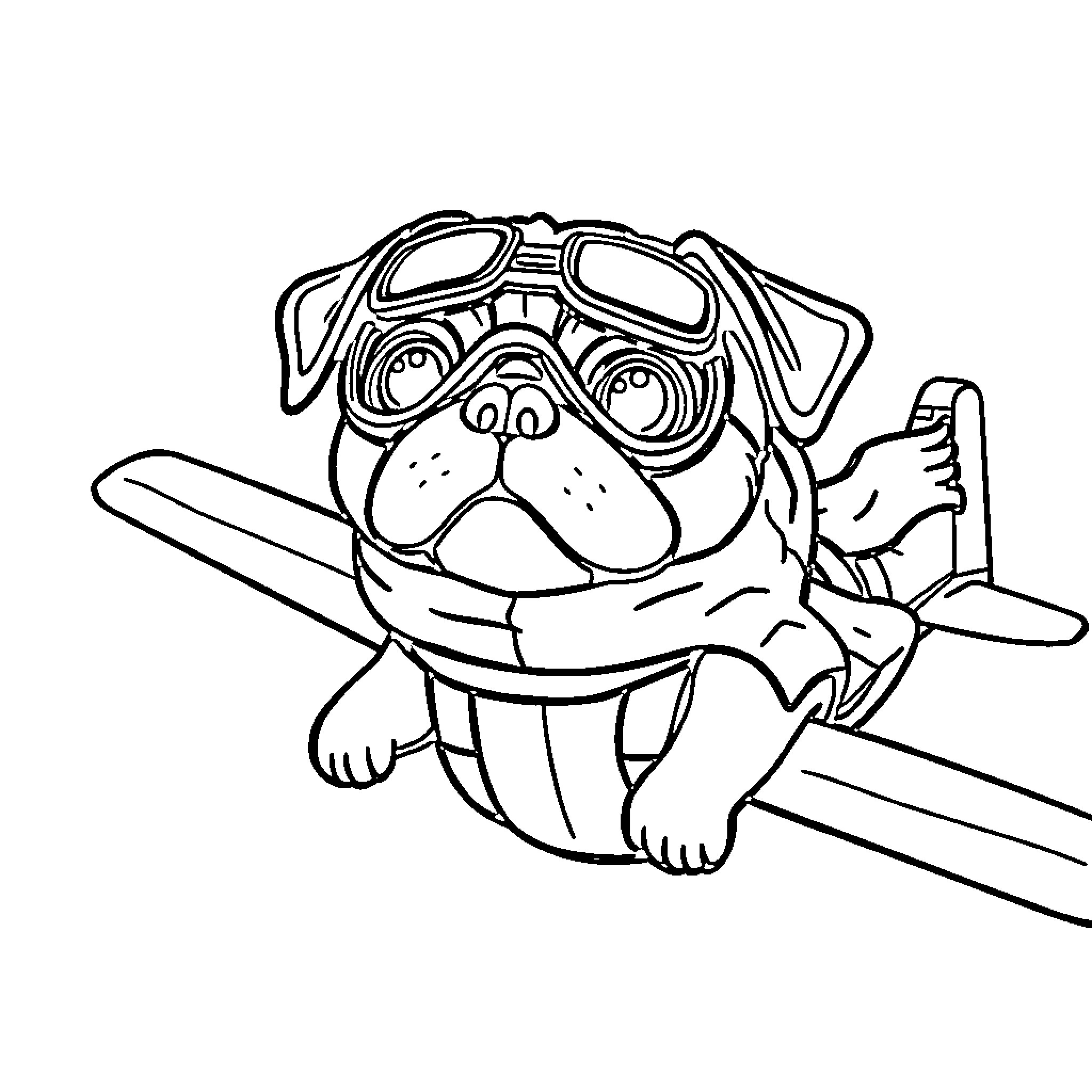 Pug pilot flying toy airplane Coloring Page (free black-and-white line drawing printable PDF for all, from beginners to advanced learners, including children, teens, adults, and seniors)