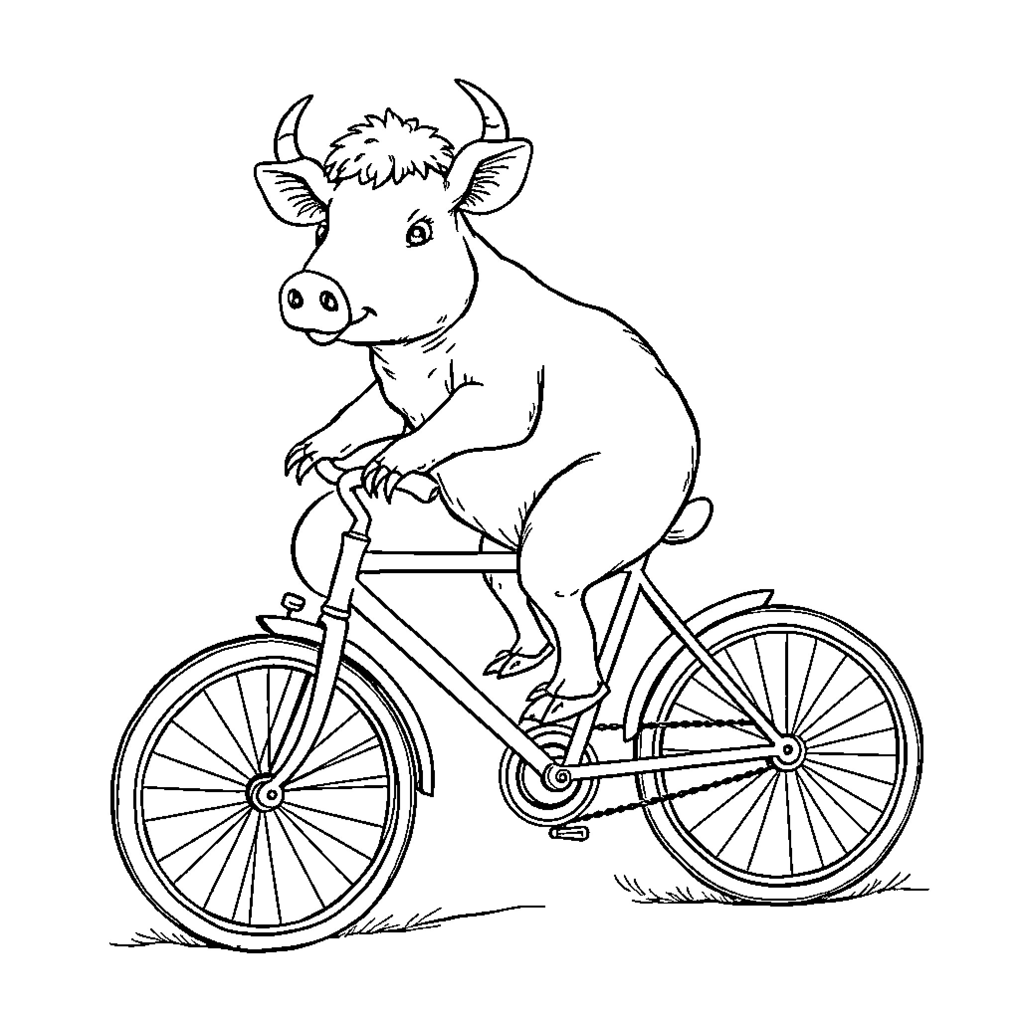 Schwein riding a bicycle cheerfully Coloring Page (free black-and-white line drawing printable PDF for all, from beginners to advanced learners, including children, teens, adults, and seniors)