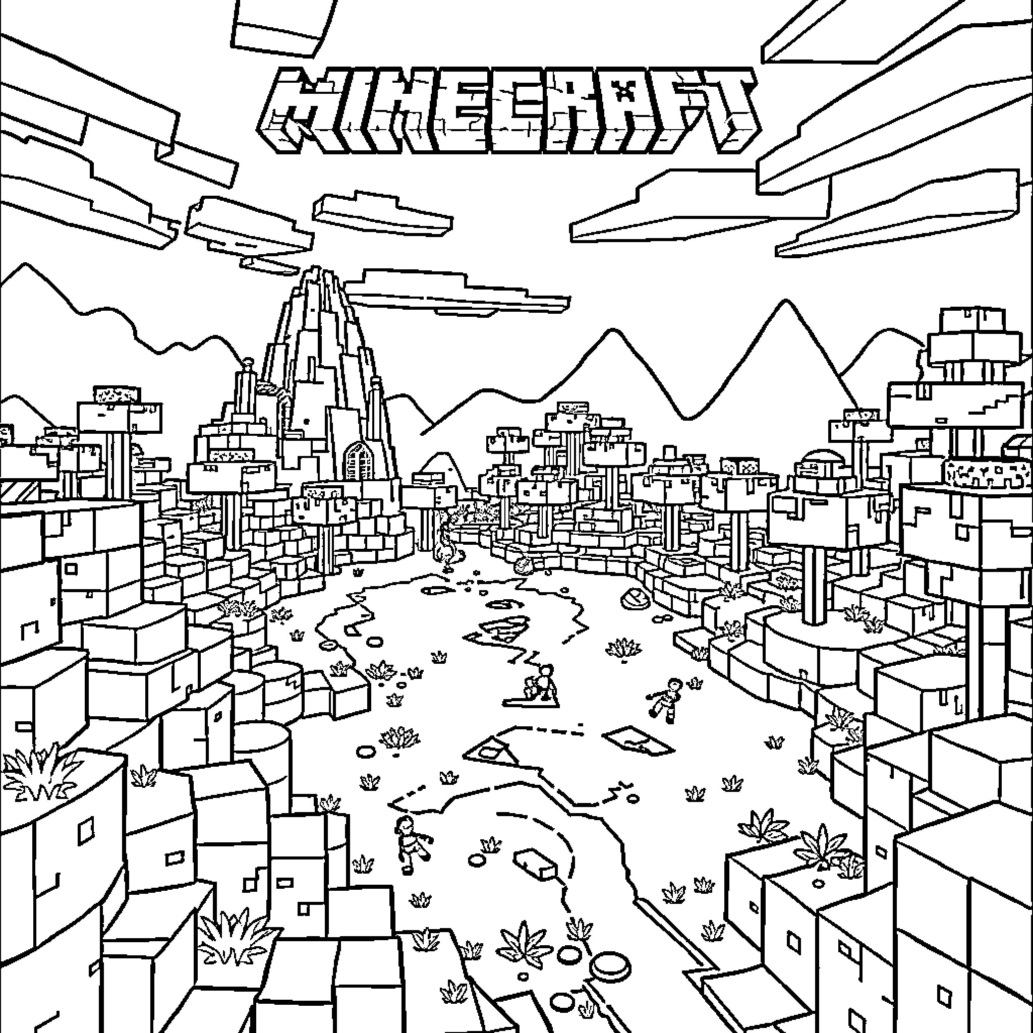 Minecraft landscape with blocky buildings and mountains Coloring Page (free black-and-white line drawing printable PDF for all, from beginners to advanced learners, including children, teens, adults, and seniors)