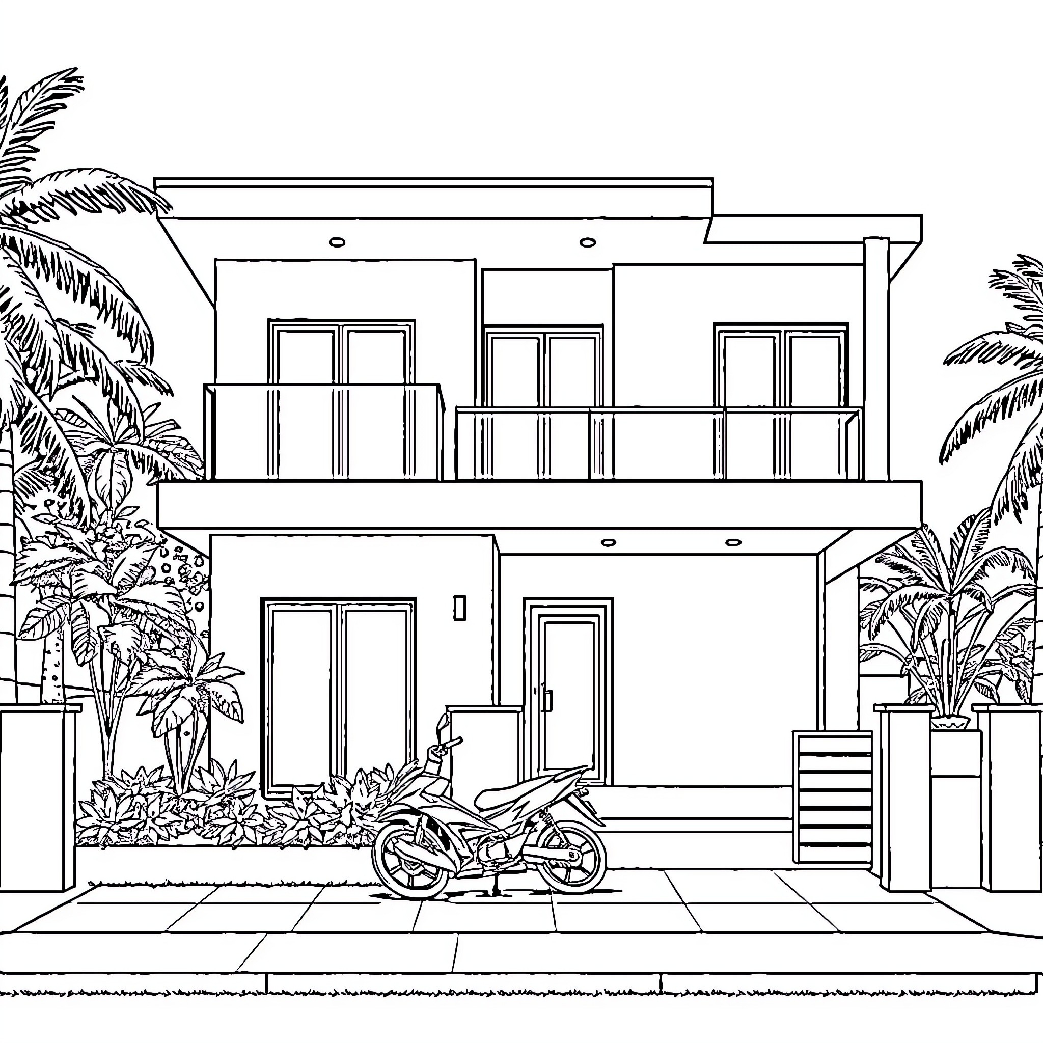 Rumah with modern architecture and tropical landscaping Coloring Page (free black-and-white line drawing printable PDF for all, from beginners to advanced learners, including children, teens, adults, and seniors)