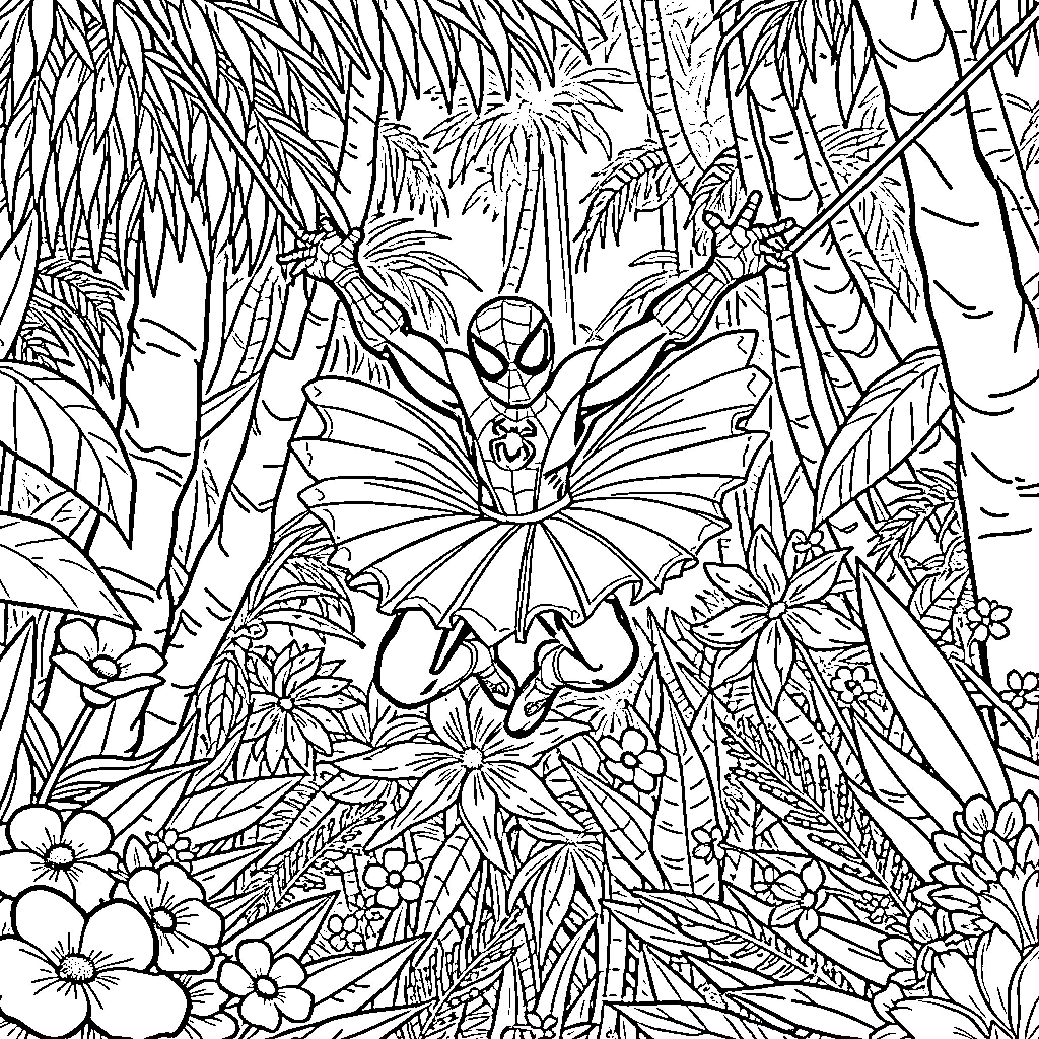 Spiderman swinging through a lush jungle landscape Coloring Page (free black-and-white line drawing printable PDF for all, from beginners to advanced learners, including children, teens, adults, and seniors)