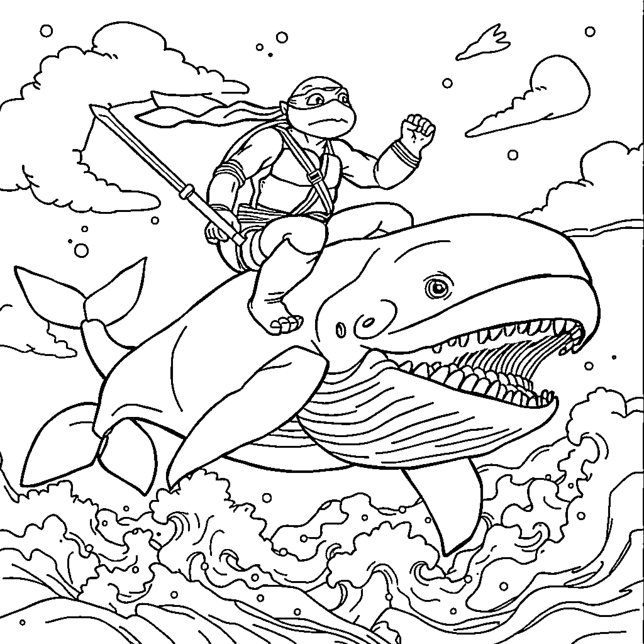 Teenage Mutant Ninja Turtle riding a whale in the ocean Coloring Page (free black-and-white line drawing printable PDF for all, from beginners to advanced learners, including children, teens, adults, and seniors)