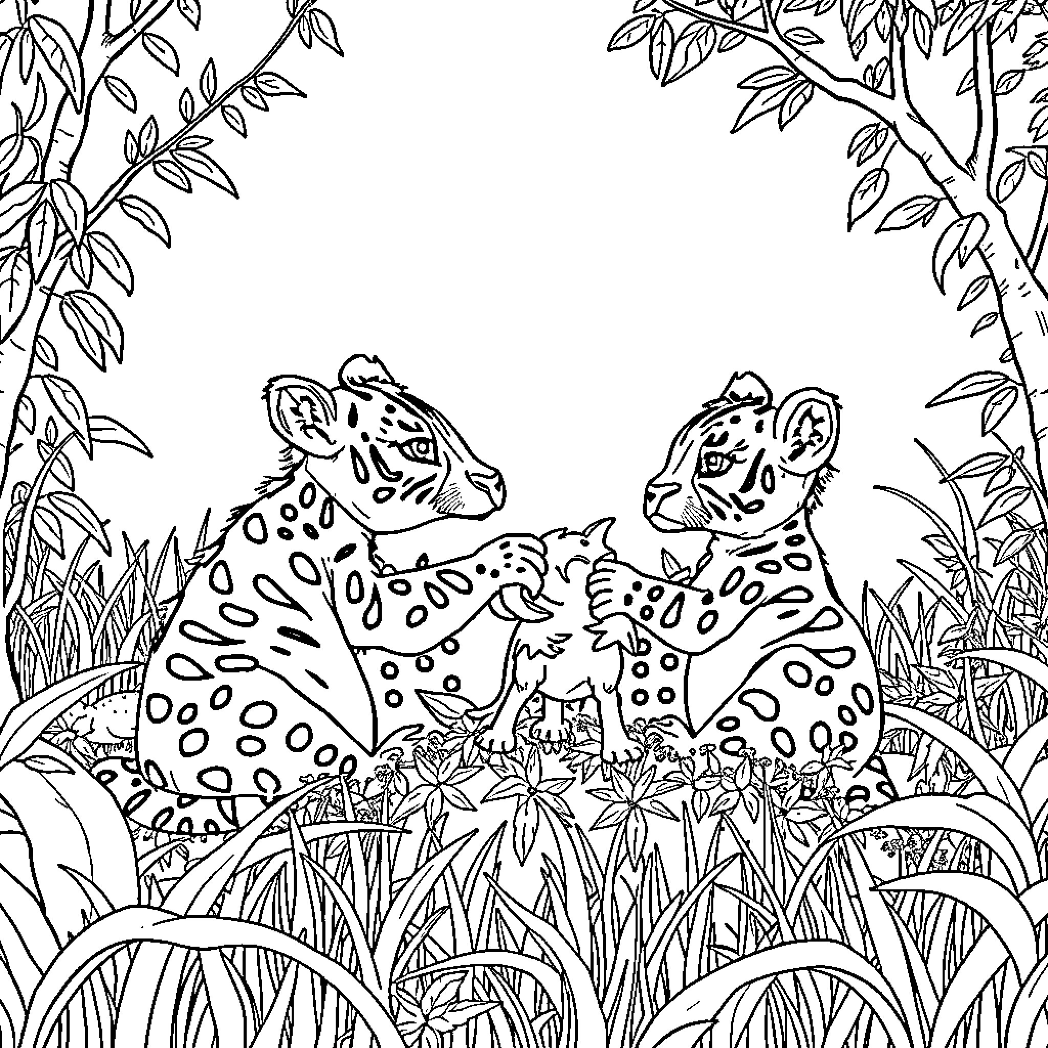 Capybara friends exploring lush foliage Coloring Page (free black-and-white line drawing printable PDF for all, from beginners to advanced learners, including children, teens, adults, and seniors)
