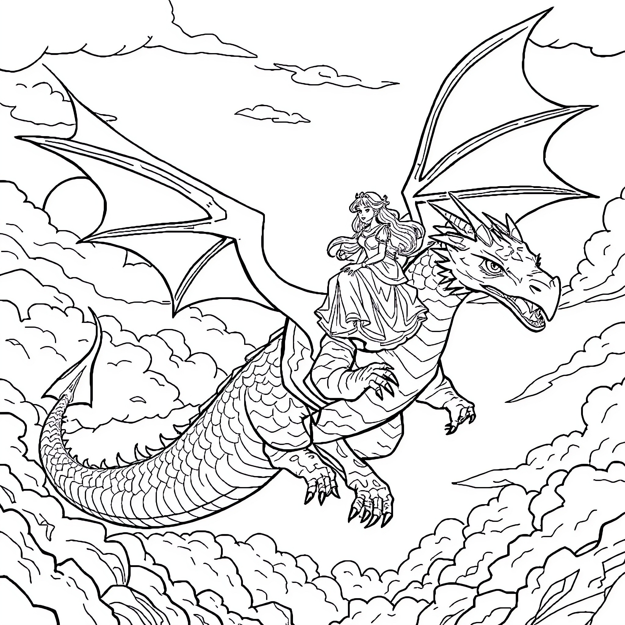 Dragon rider soaring through the clouds Coloring Page (free black-and-white line drawing printable PDF for all, from beginners to advanced learners, including children, teens, adults, and seniors)
