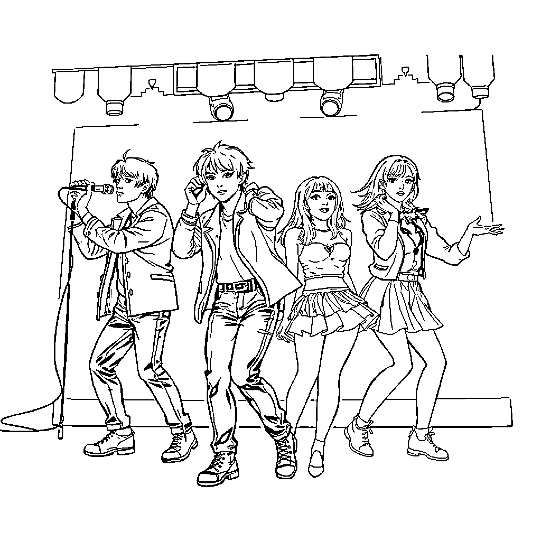 Kpop Band Performing on Stage Coloring Page (free black-and-white line drawing printable PDF for all, from beginners to advanced learners, including children, teens, adults, and seniors)