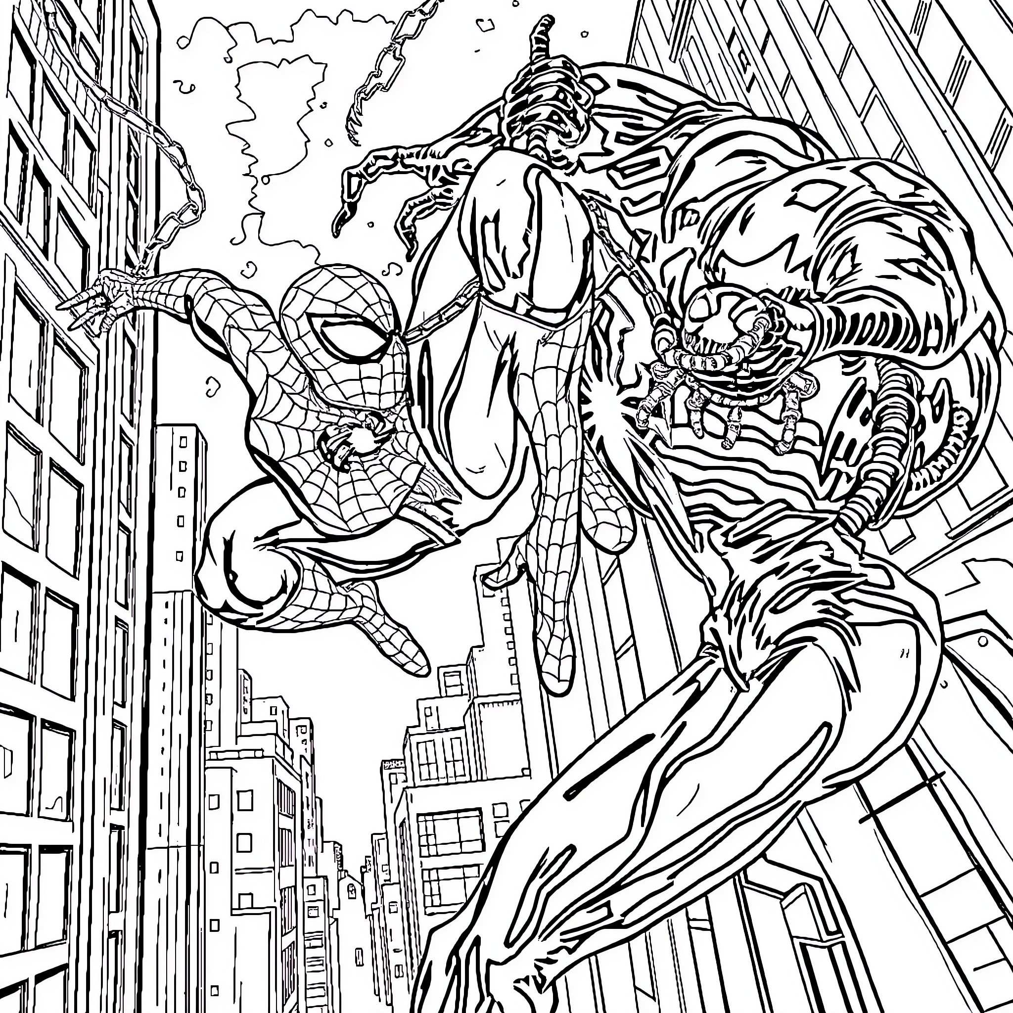 Spider-Man battles a fierce villain in the city Coloring Page (free black-and-white line drawing printable PDF for all, from beginners to advanced learners, including children, teens, adults, and seniors)