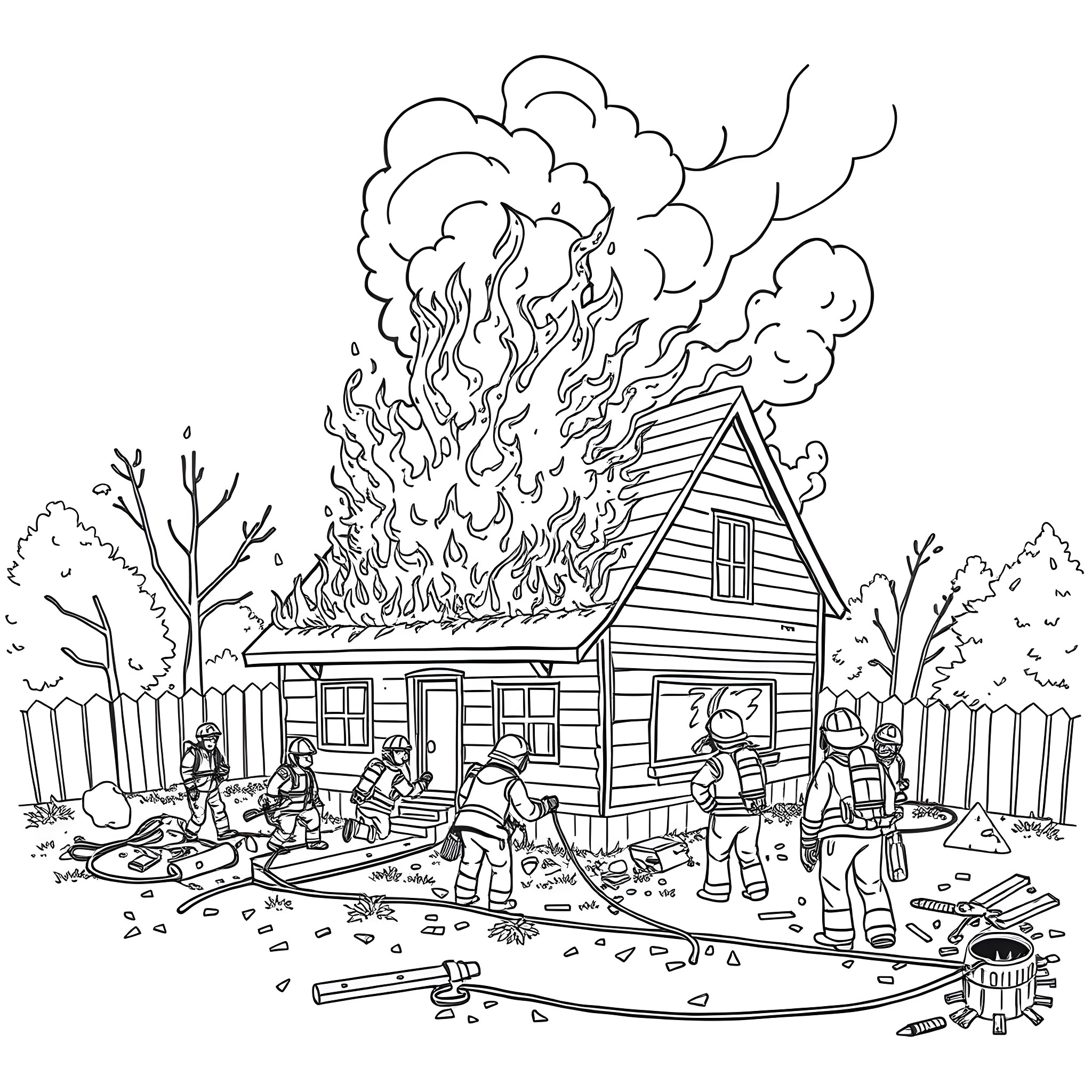 House on fire with firefighters responding to the scene Coloring Page (free black-and-white line drawing printable PDF for all, from beginners to advanced learners, including children, teens, adults, and seniors)