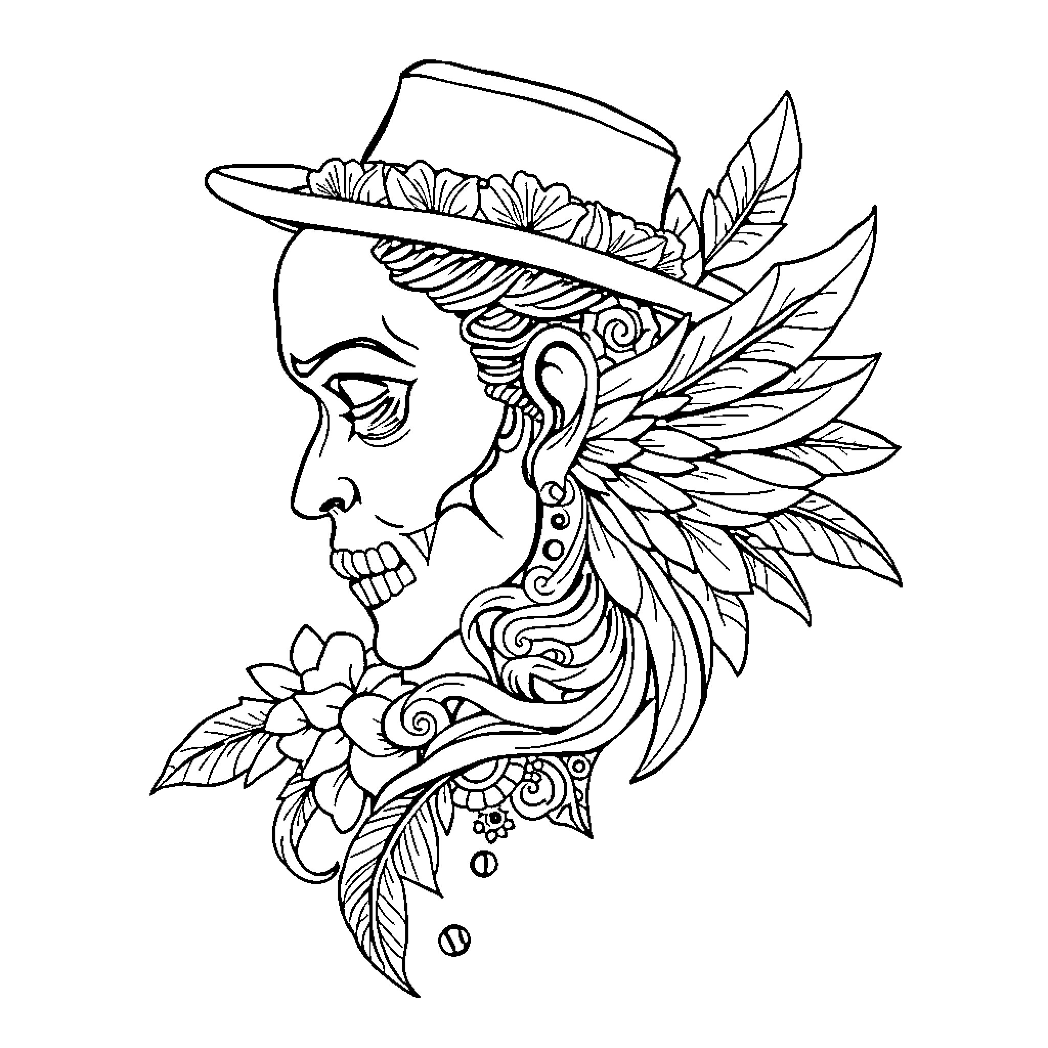 Chicano Tattoo Design with Ornate Skull and Floral Elements Coloring Page (free black-and-white line drawing printable PDF for all, from beginners to advanced learners, including children, teens, adults, and seniors)