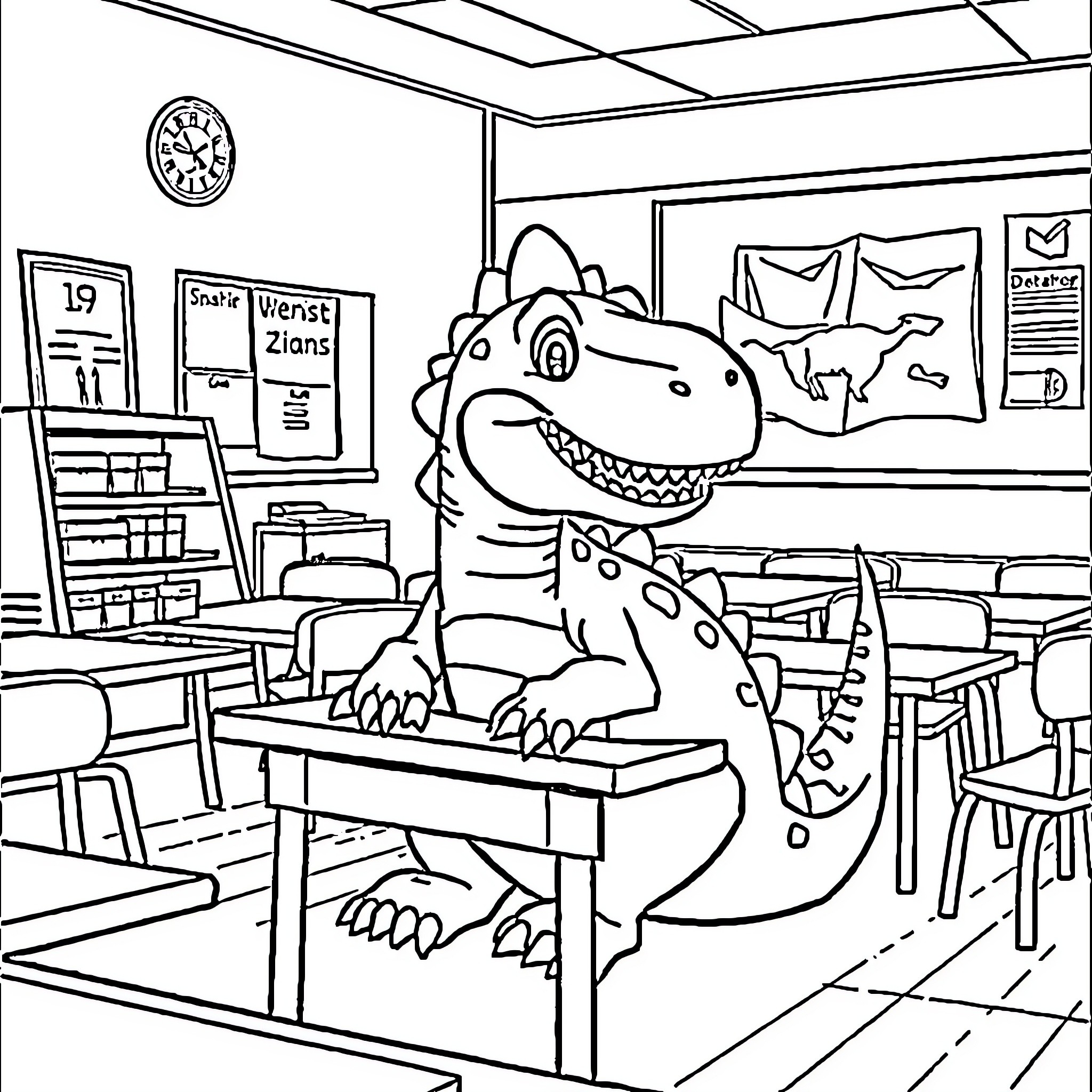 Dinosaur Studying Happily in Classroom Coloring Page (free black-and-white line drawing printable PDF for all, from beginners to advanced learners, including children, teens, adults, and seniors)