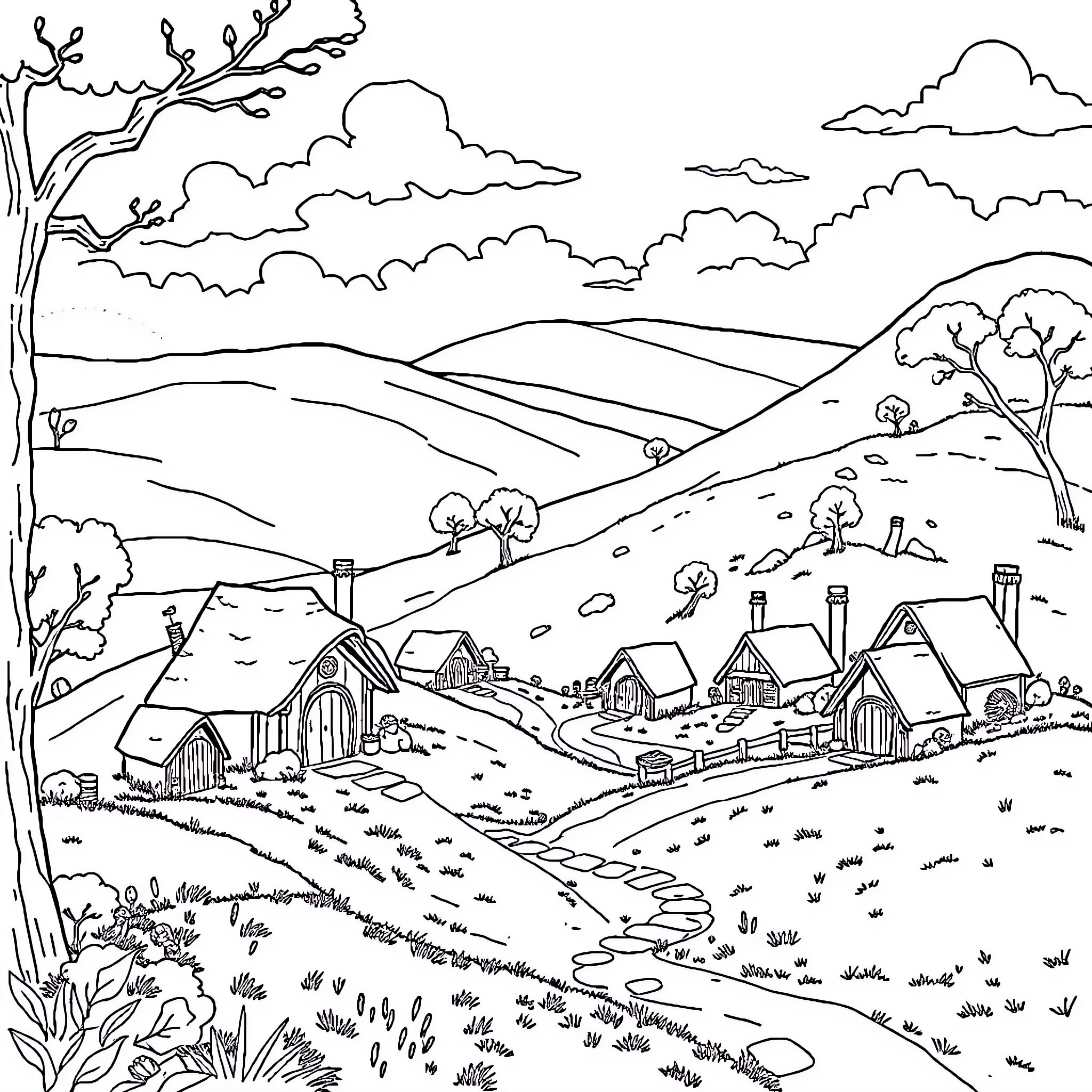 Hobbit village nestled in a scenic landscape Coloring Page (free black-and-white line drawing printable PDF for all, from beginners to advanced learners, including children, teens, adults, and seniors)