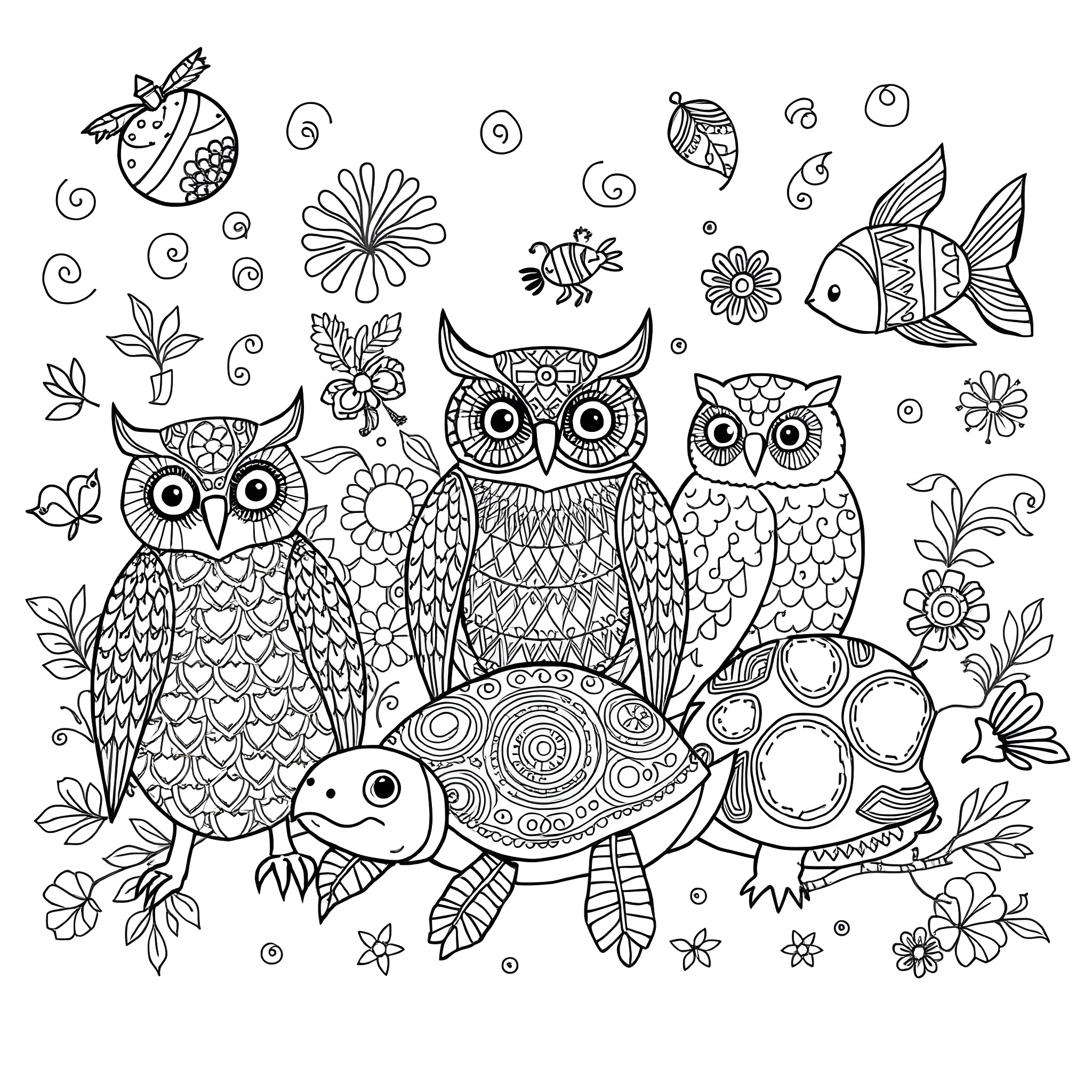 Animal Fantasy Creatures and Flowers Coloring Page (free black-and-white line drawing printable PDF for all, from beginners to advanced learners, including children, teens, adults, and seniors)