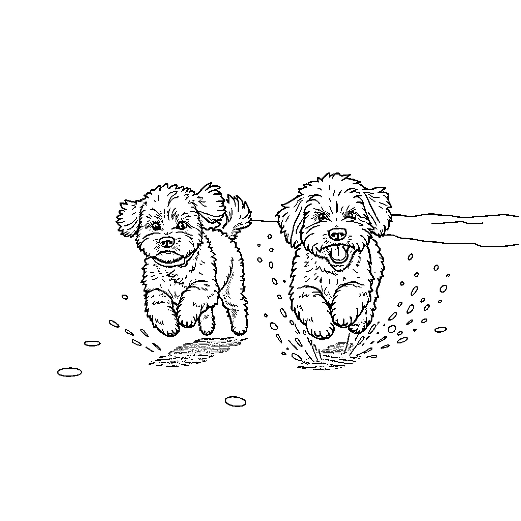 Poodle puppies playing joyfully in the snow Coloring Page (free black-and-white line drawing printable PDF for all, from beginners to advanced learners, including children, teens, adults, and seniors)