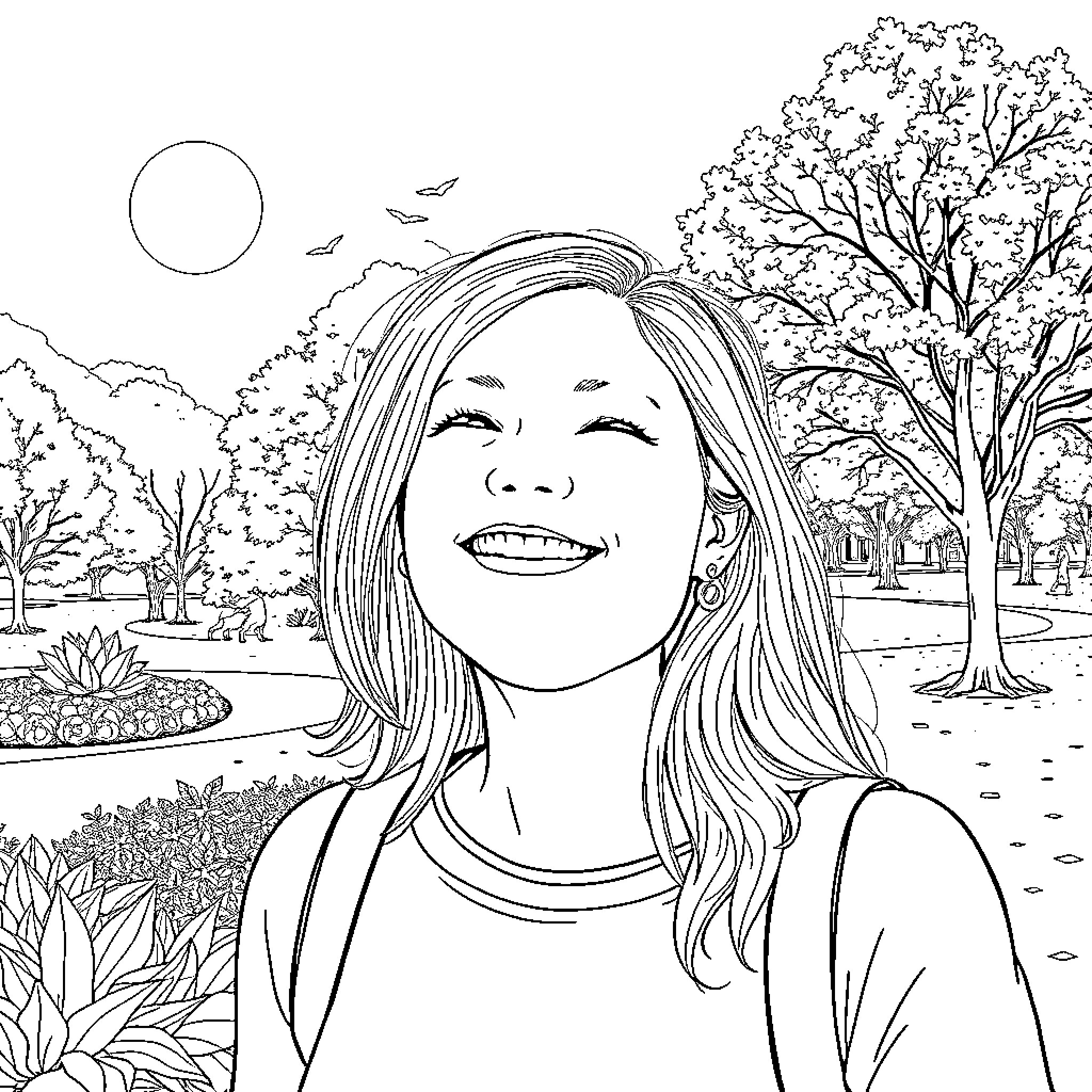 Photo of a smiling woman in a park Coloring Page (free black-and-white line drawing printable PDF for all, from beginners to advanced learners, including children, teens, adults, and seniors)