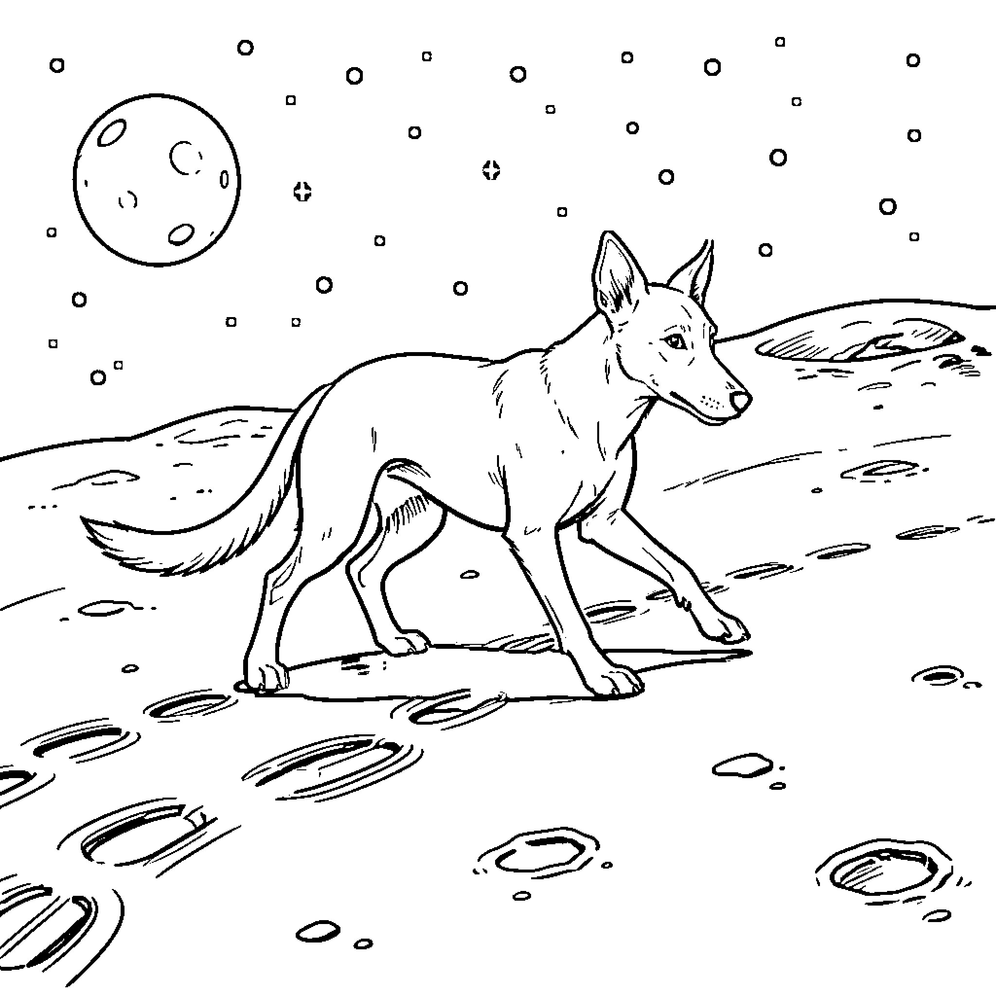 Whippet walking across a cratered lunar landscape Coloring Page (free black-and-white line drawing printable PDF for all, from beginners to advanced learners, including children, teens, adults, and seniors)