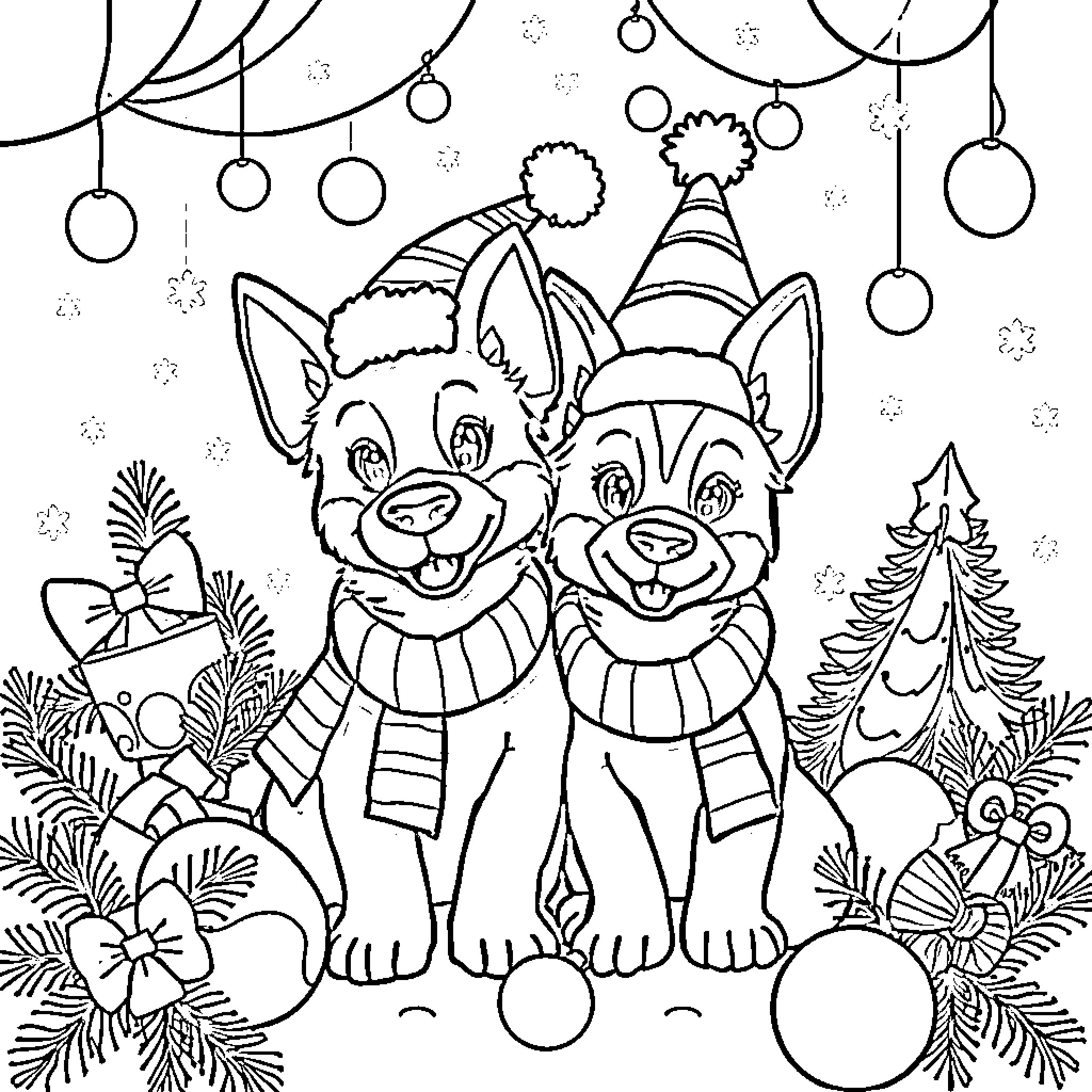 Bluey and Bingo Celebrating the Holidays Coloring Page (free black-and-white line drawing printable PDF for all, from beginners to advanced learners, including children, teens, adults, and seniors)