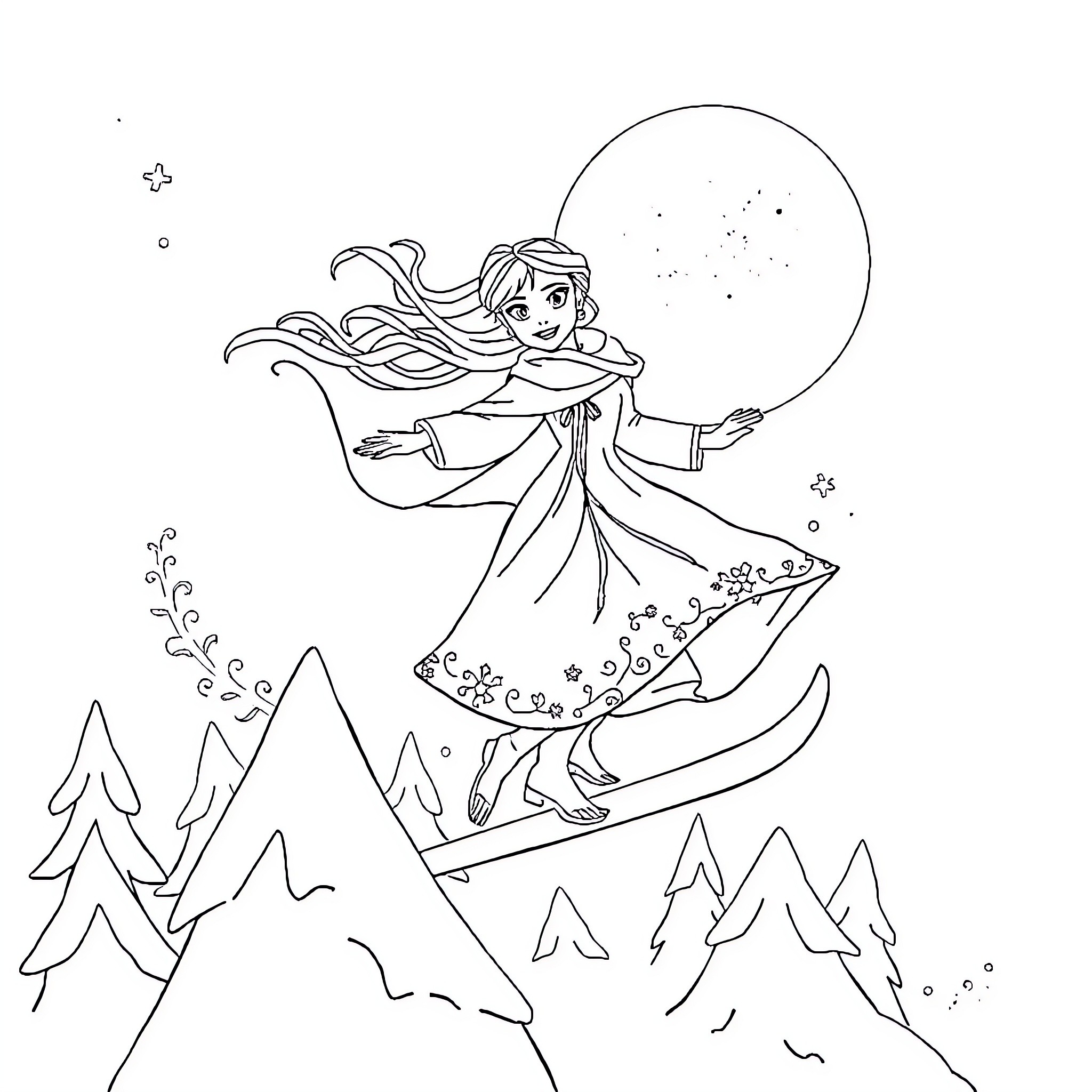 Queen Joyfully Soaring Through Snowy Peaks Coloring Page (free black-and-white line drawing printable PDF for all, from beginners to advanced learners, including children, teens, adults, and seniors)