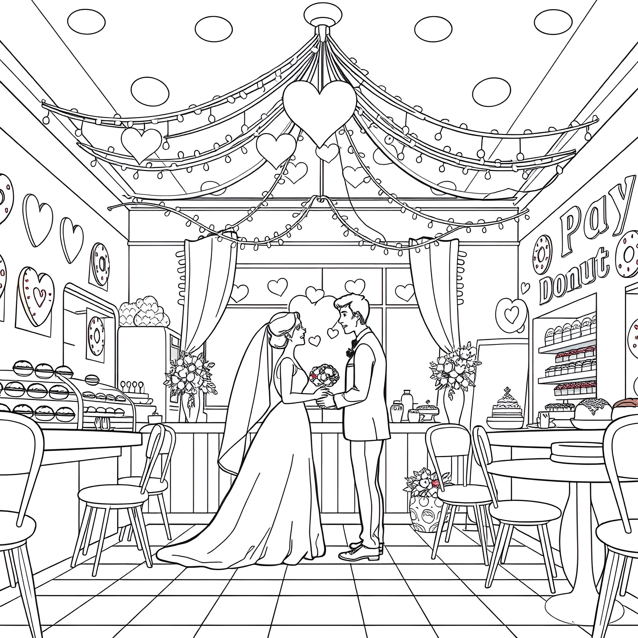 Wedding celebration in cozy café setting Coloring Page (free black-and-white line drawing printable PDF for all, from beginners to advanced learners, including children, teens, adults, and seniors)